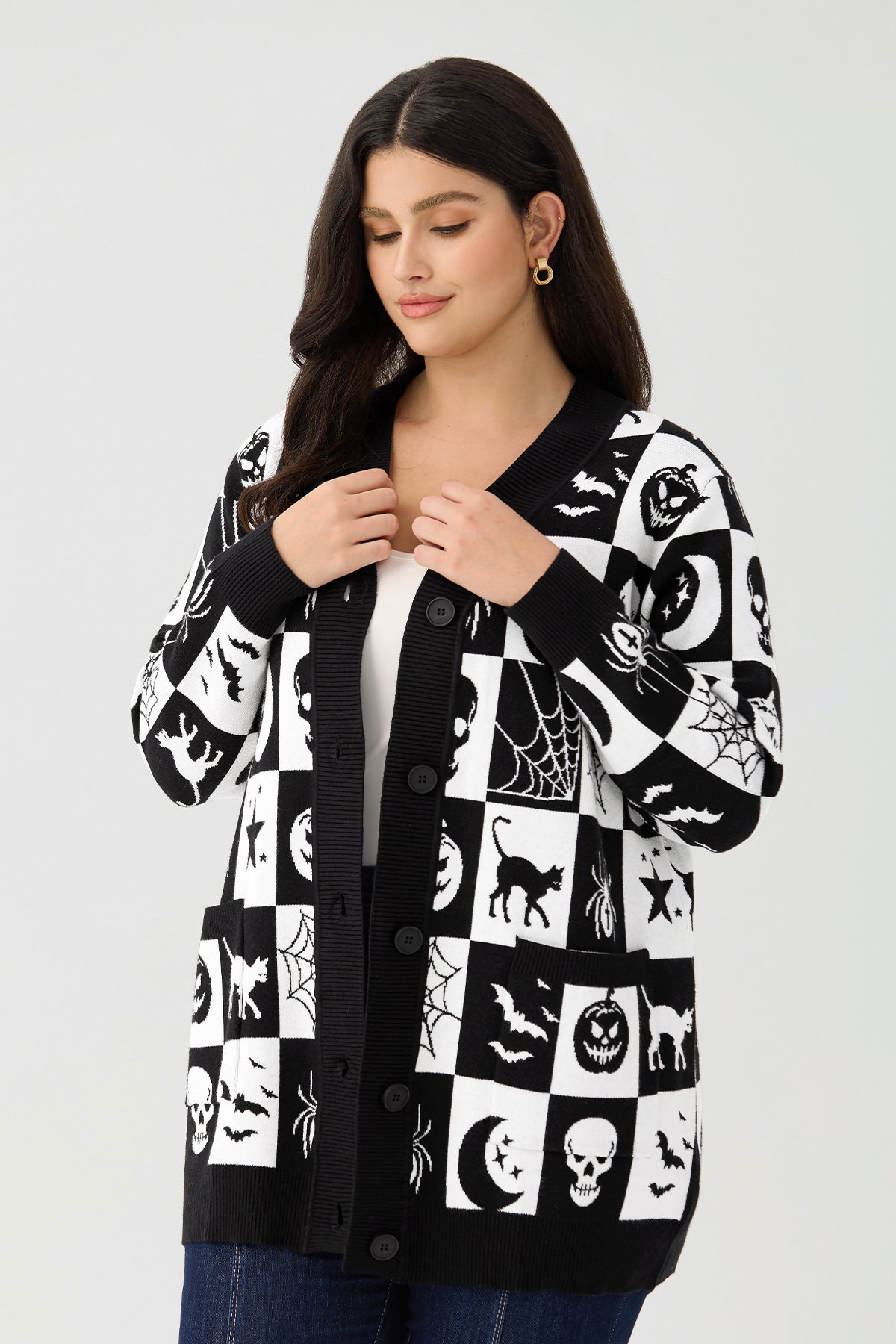 Ritera Pockets Halloween Checkerboard Kint Cardigan