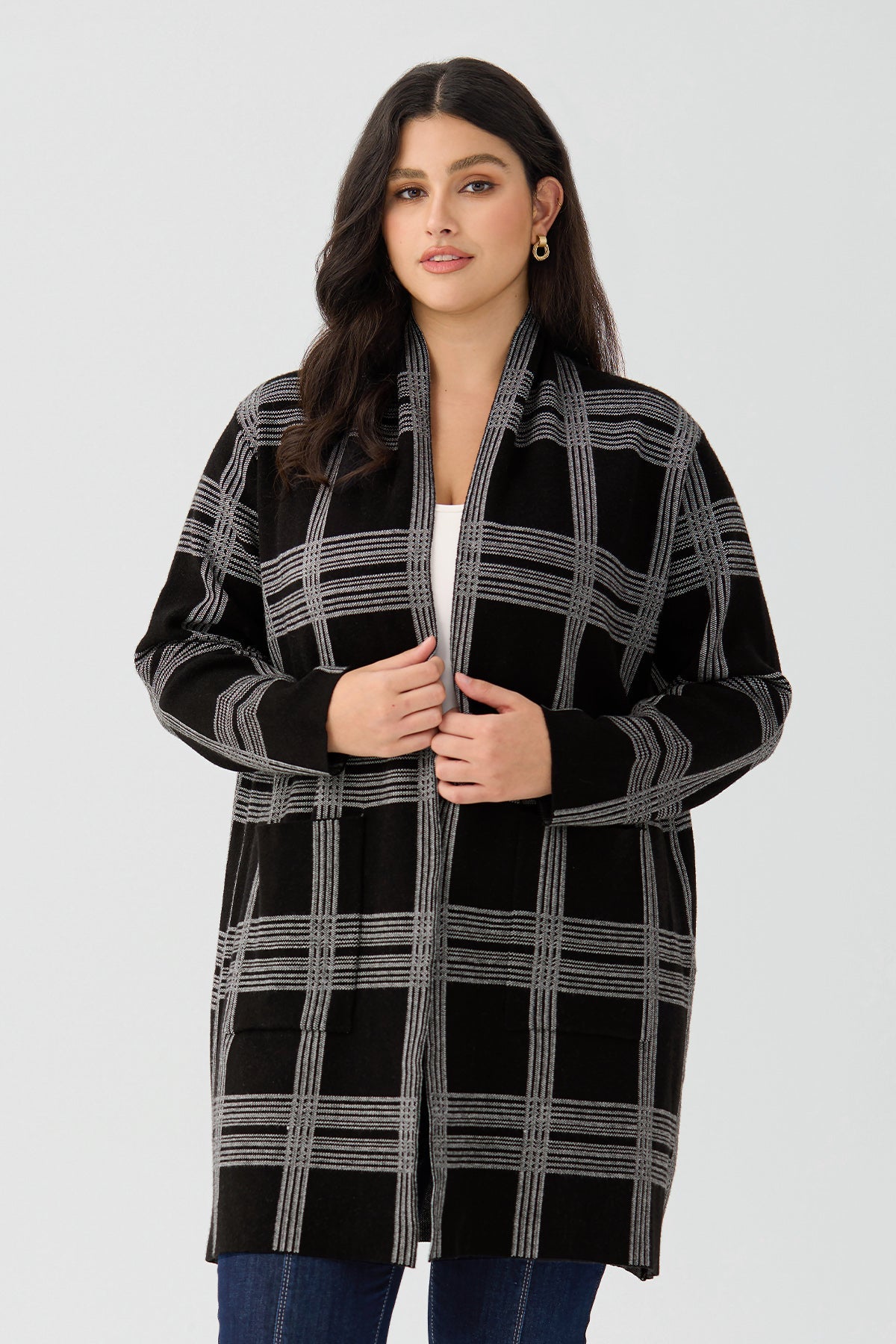 Ritera Pockets Long Plaid Open Front Knit Cardigan