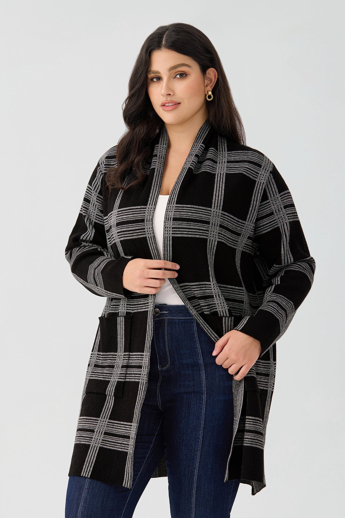 Ritera Pockets Long Plaid Open Front Knit Cardigan