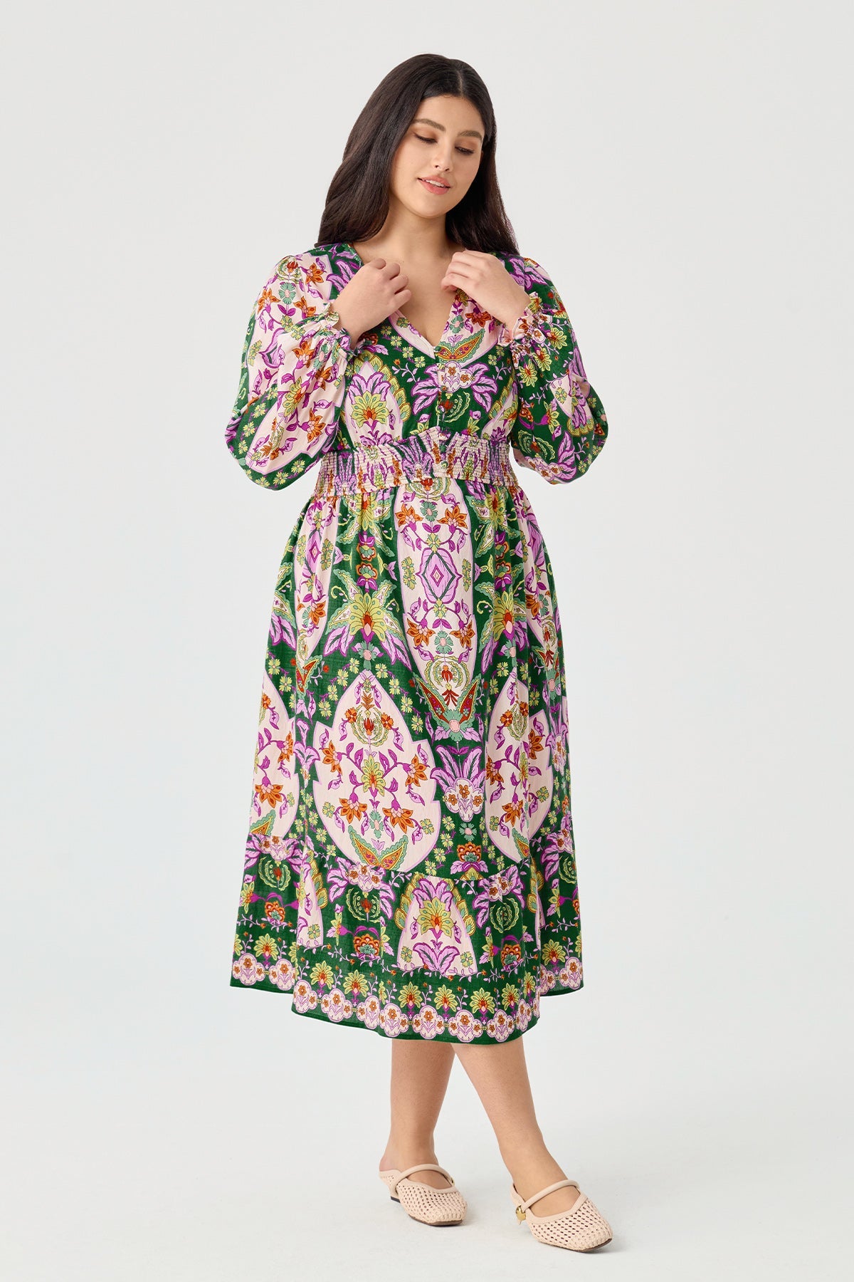 Ritera Pocket Boho Paisley Tiered Flowy Smocked Midi Dress