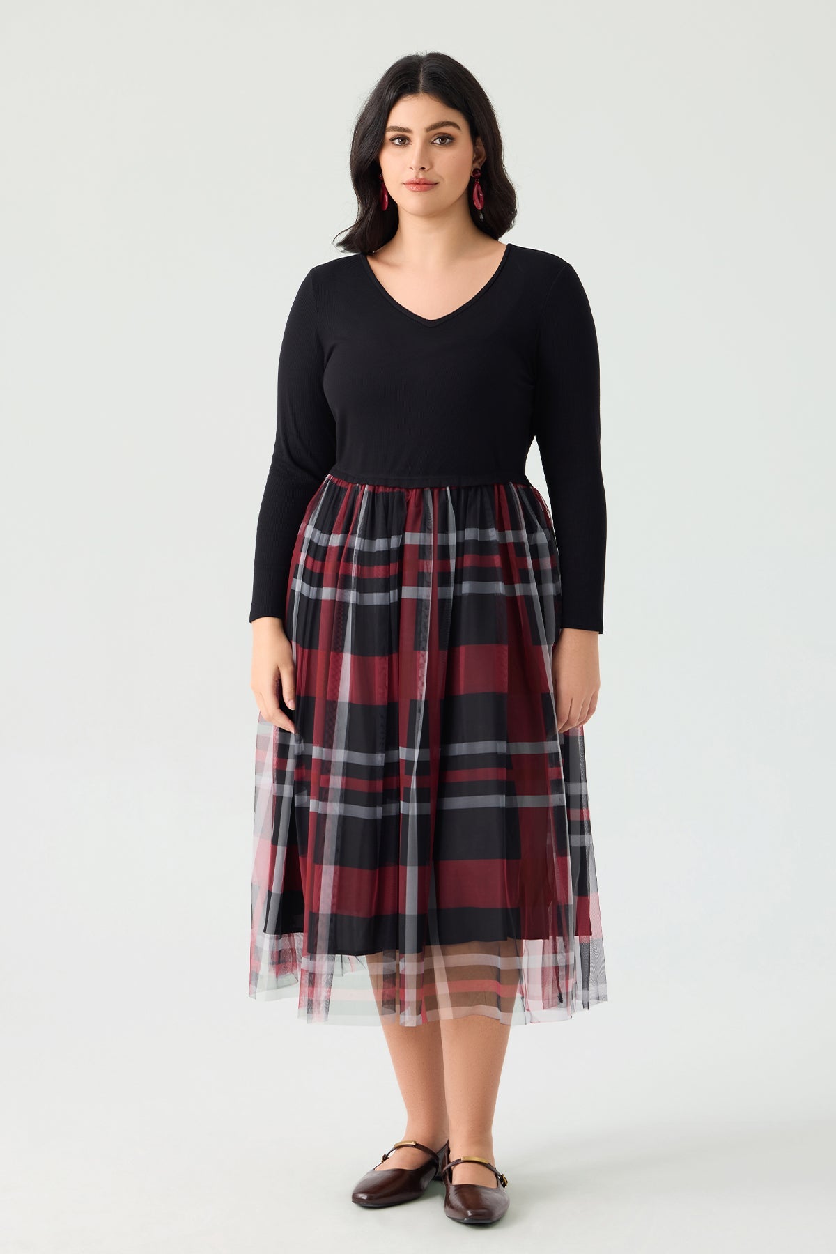 Plaid V-Neck Long Sleeve Midi Dress