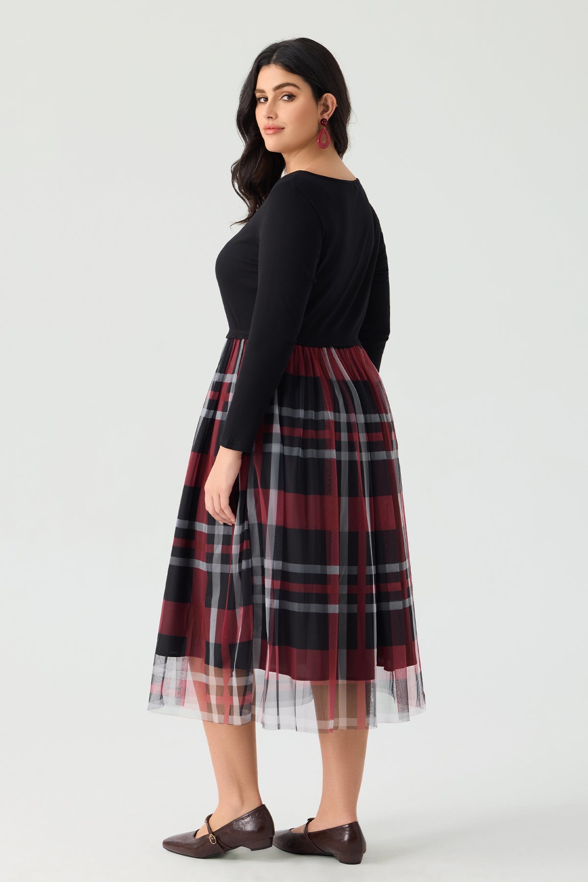 Plaid V-Neck Long Sleeve Midi Dress
