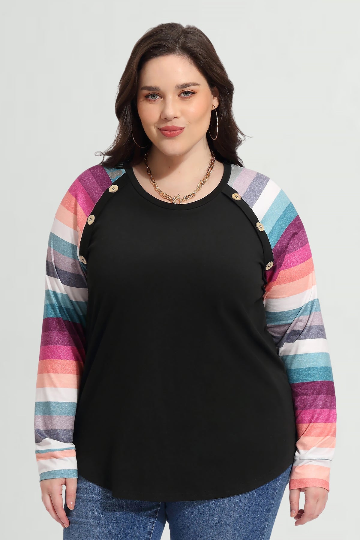 Raglan Rainbow Stripe Colorblock Crewneck T-Shirt
