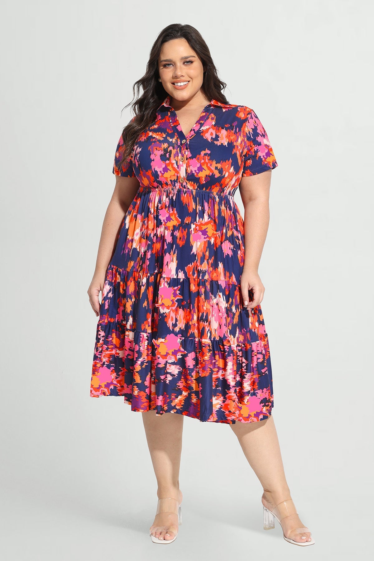 Ritera Pockets Tropical Floral Polo Neck Shirred Midi Dress