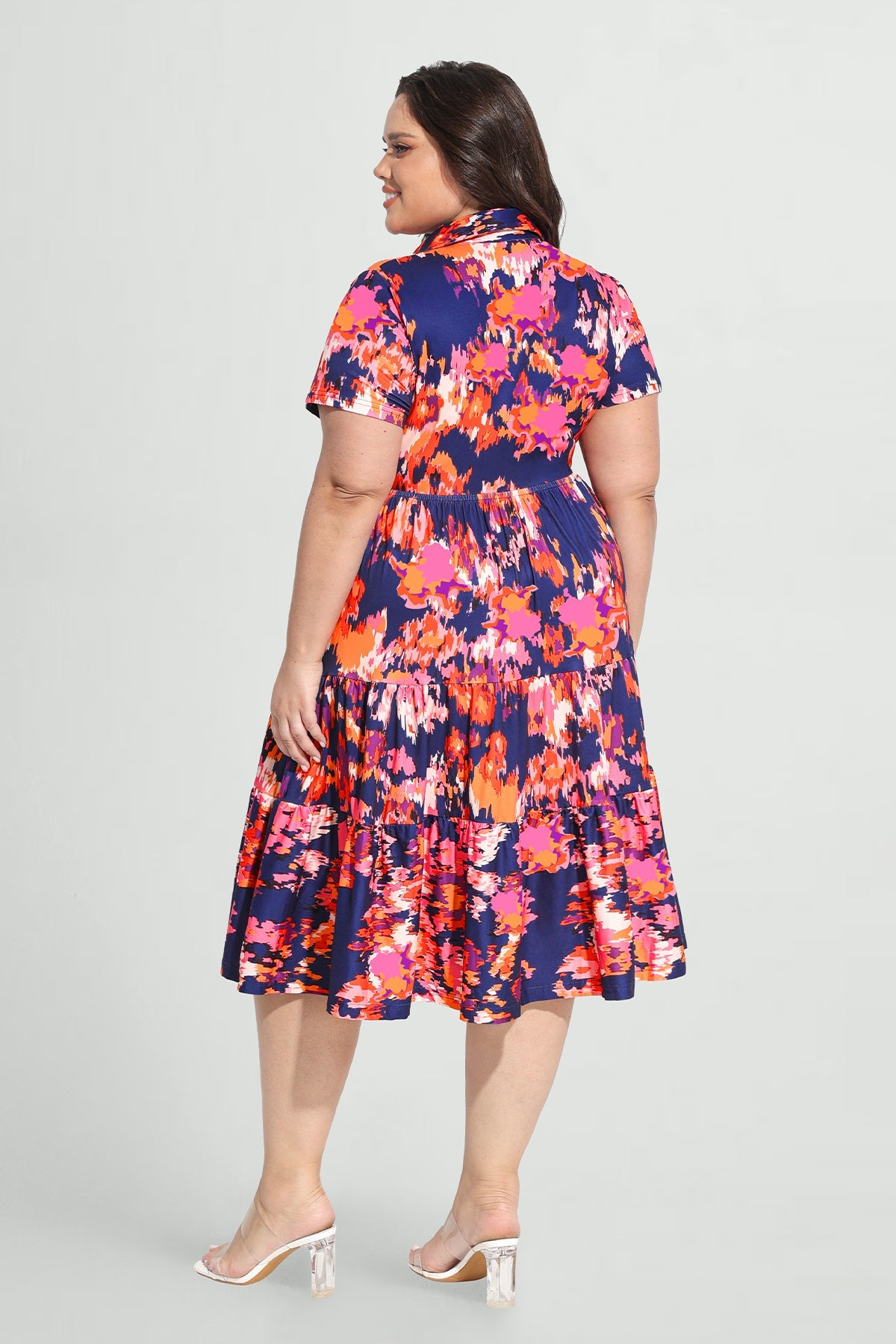 Pockets Elastic Floral Midi Shirt Dress
