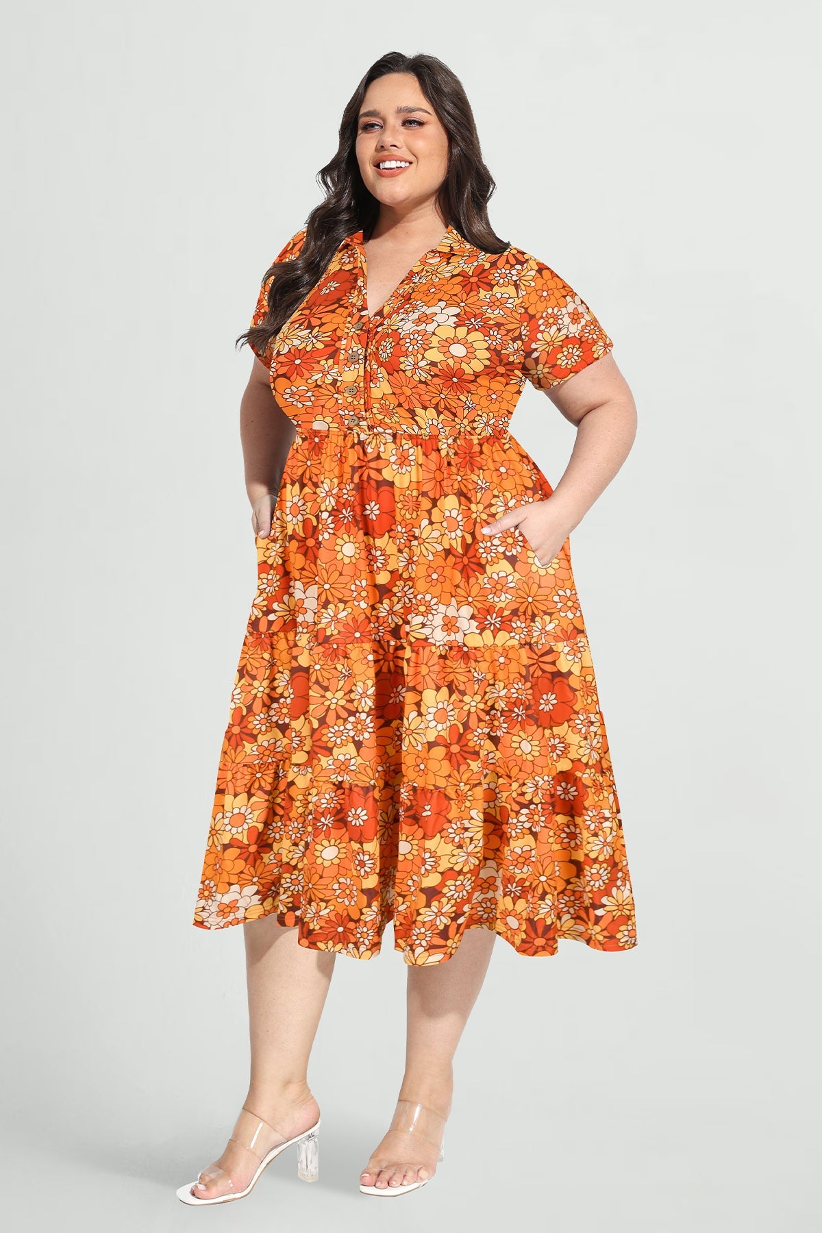 Ritera Pockets Tropical Floral Polo Neck Shirred Midi Dress