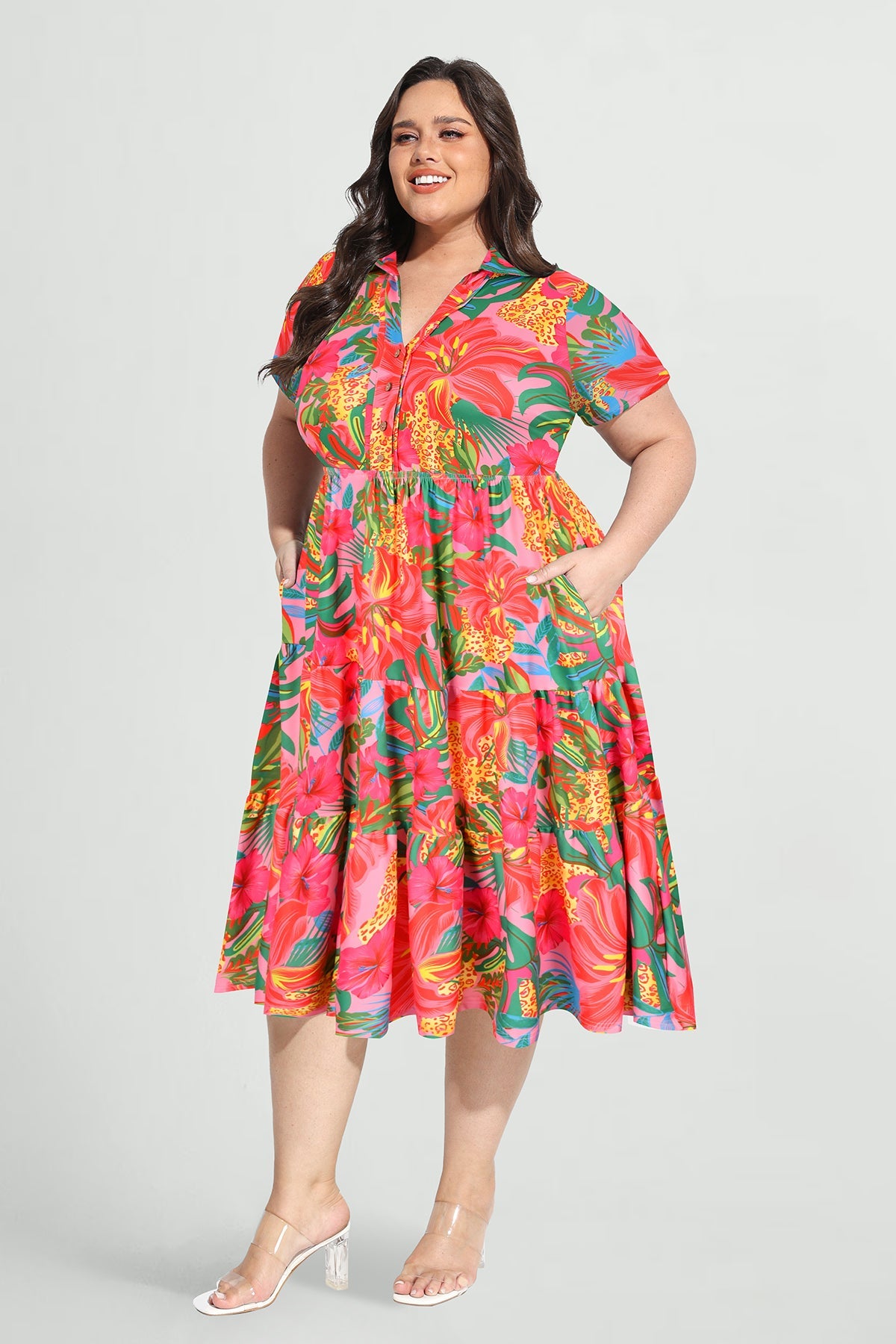 Ritera Pockets Tropical Floral Polo Neck Shirred Midi Dress