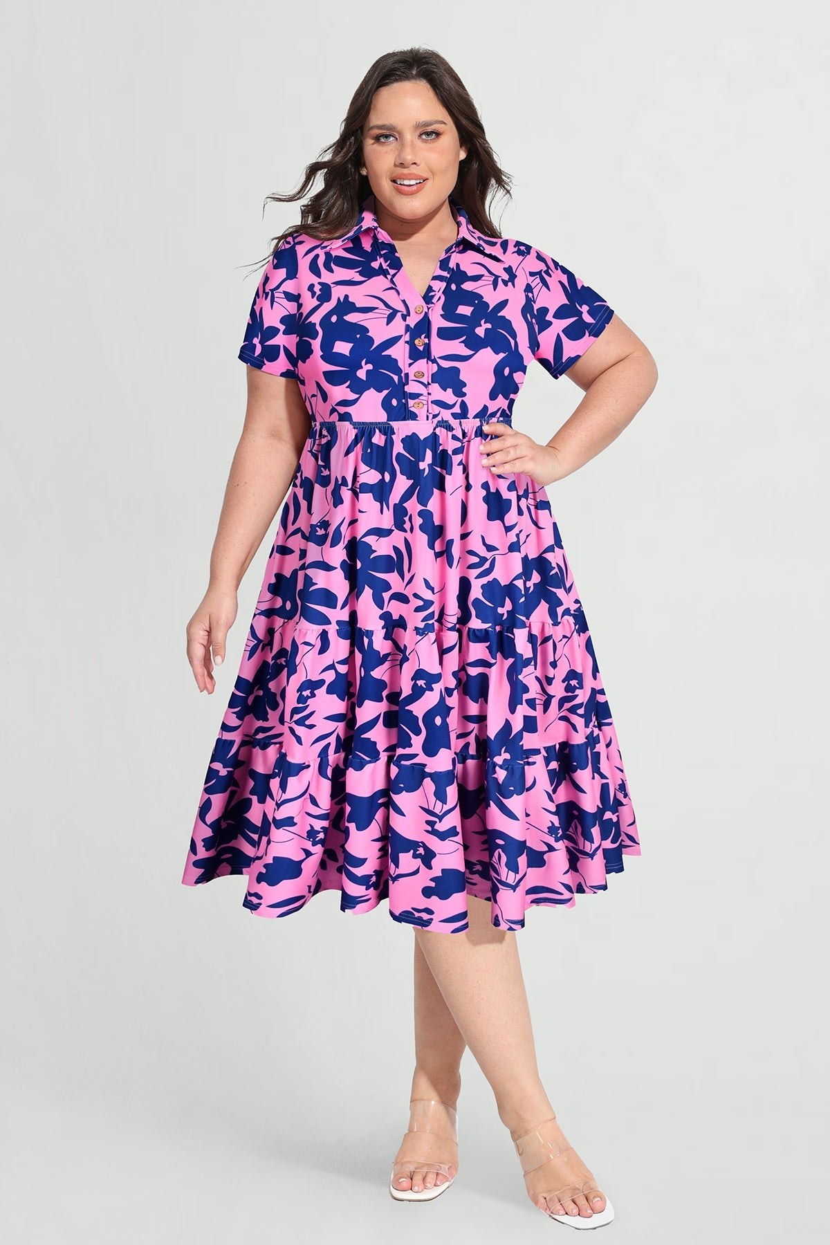 Ritera Pockets Tropical Floral Polo Neck Shirred Midi Dress