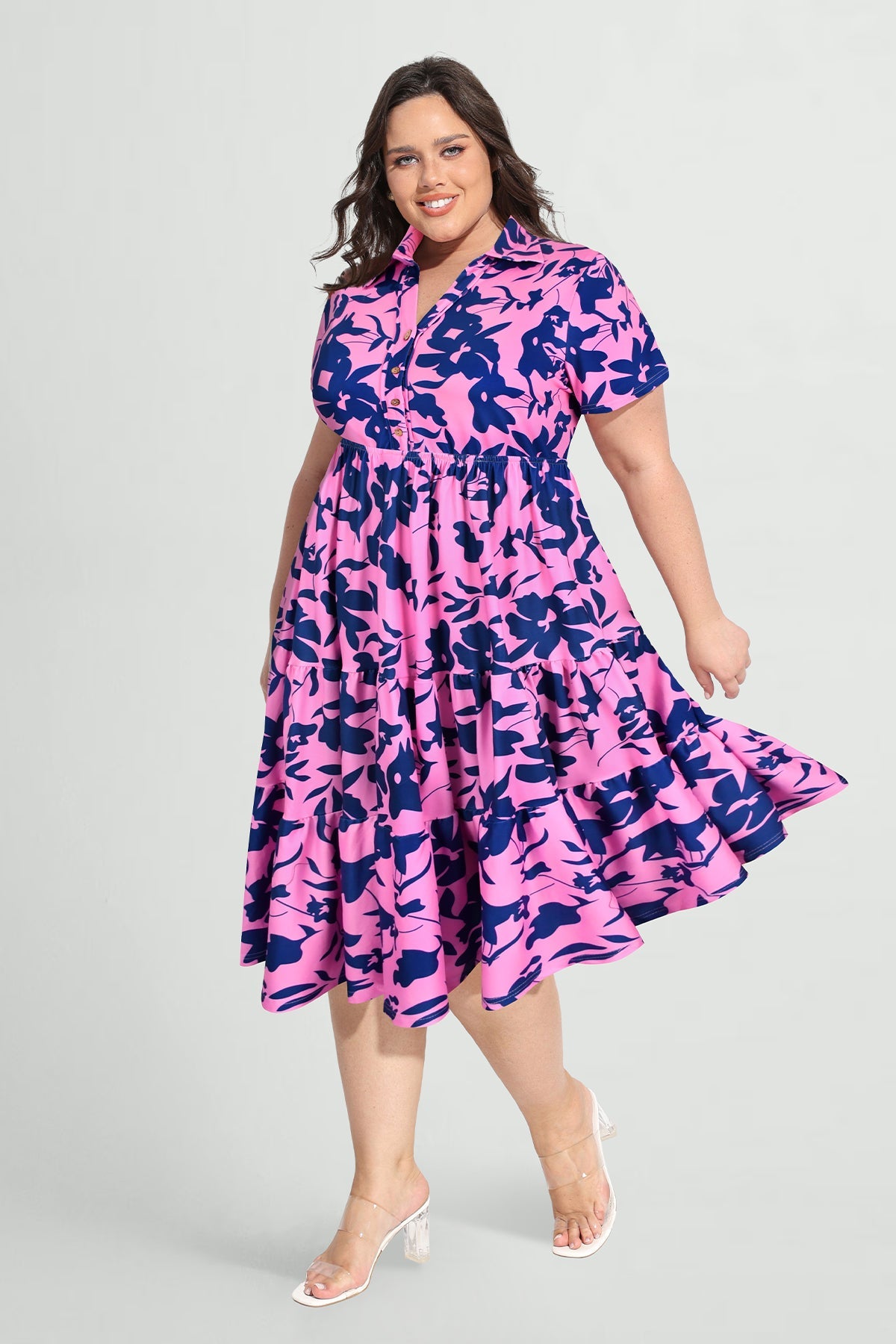 Pockets Elastic Floral Midi Shirt Dress