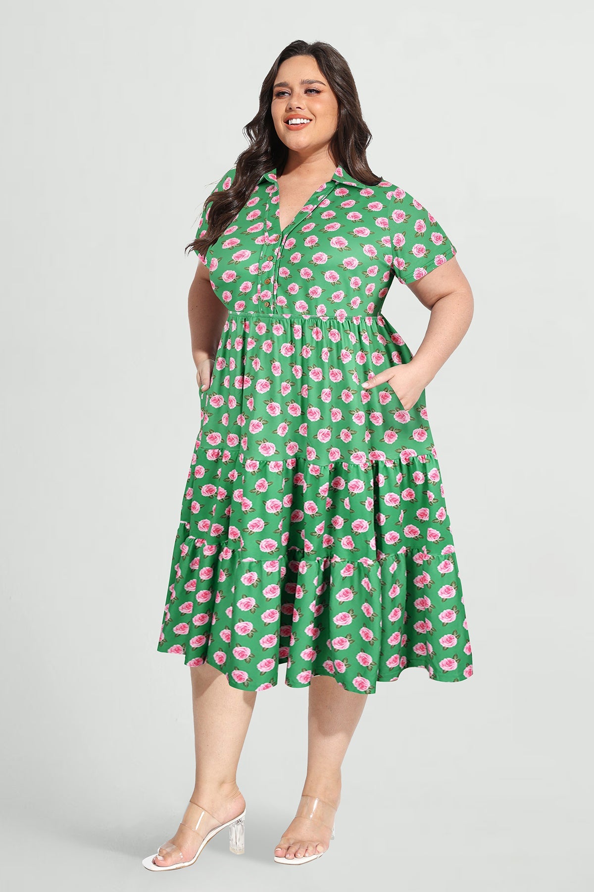 Ritera Pockets Tropical Floral Polo Neck Shirred Midi Dress