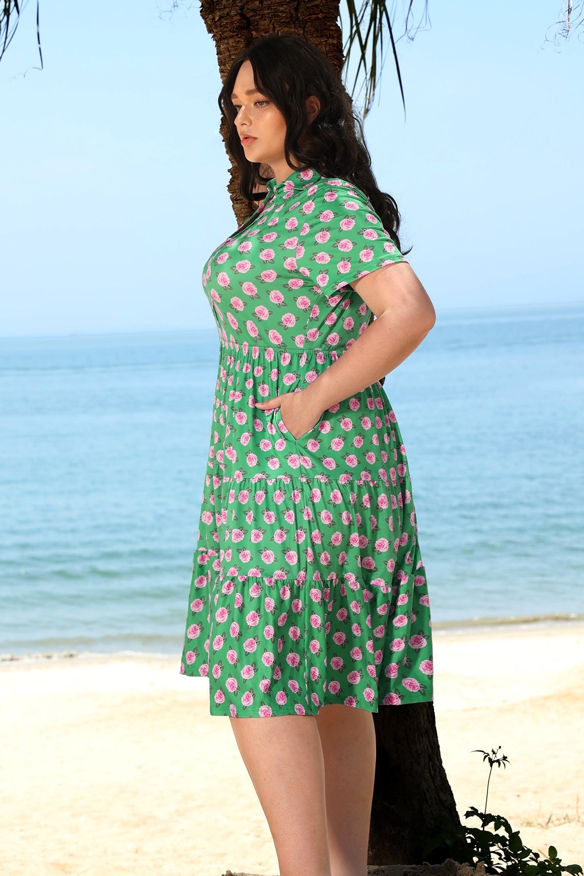 Ritera Pockets Tropical Floral Polo Neck Shirred Midi Dress