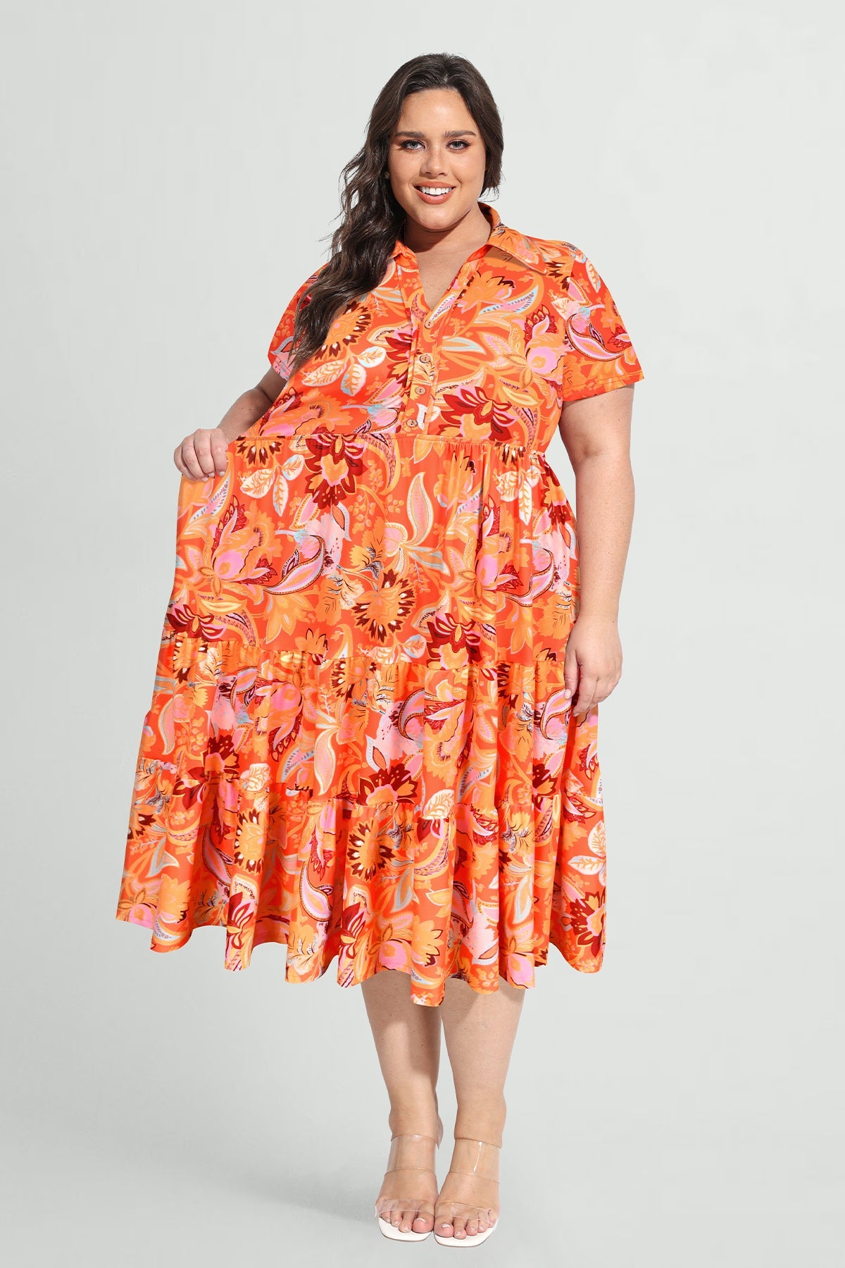Ritera Pockets Tropical Floral Polo Neck Shirred Midi Dress