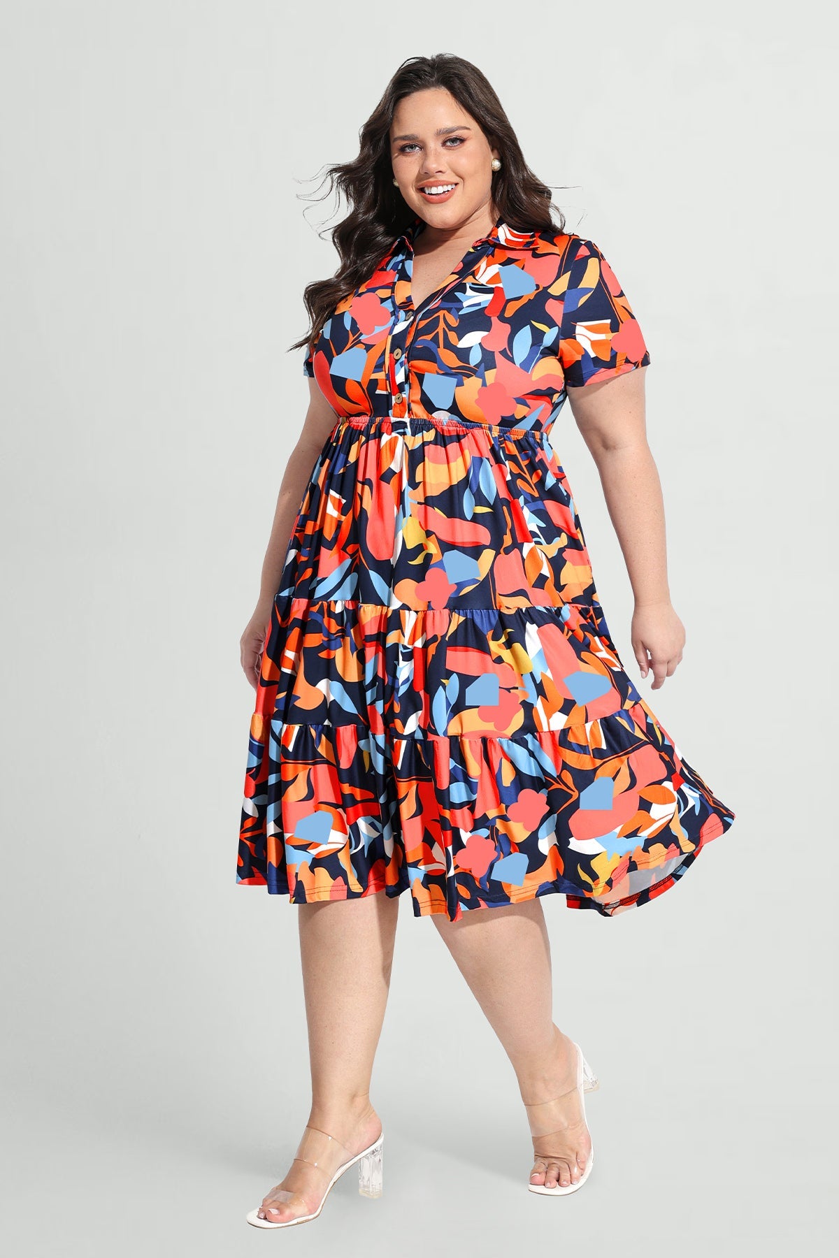 Ritera Pockets Tropical Floral Polo Neck Shirred Midi Dress