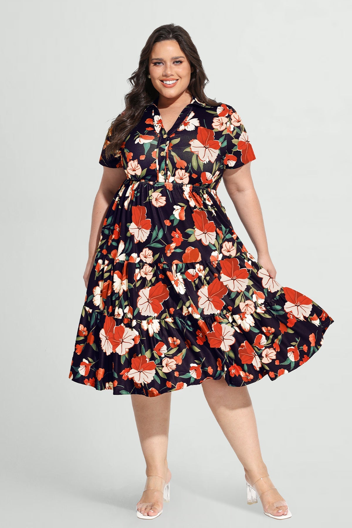 Pockets Elastic Floral Midi Shirt Dress