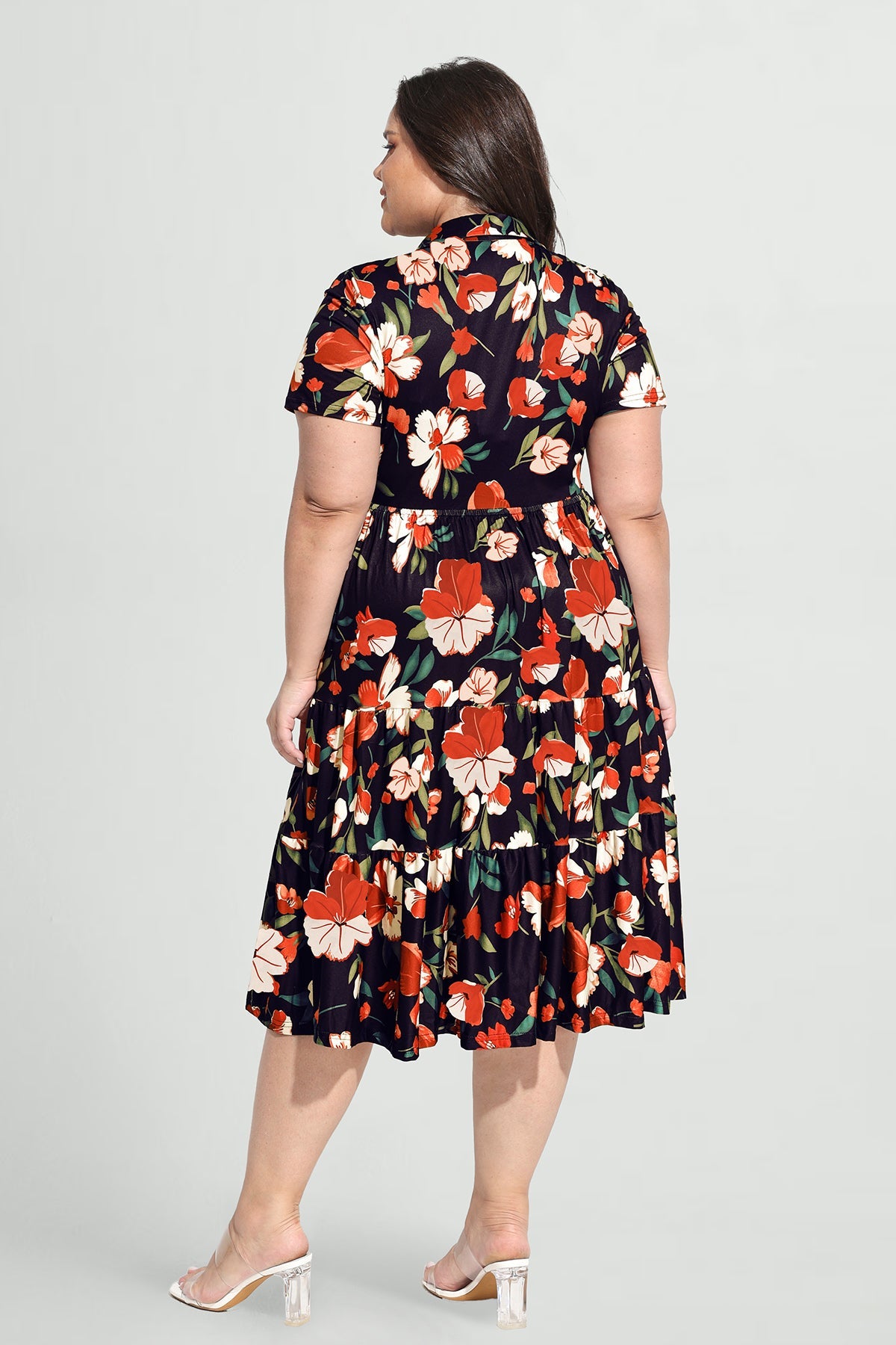 Ritera Pockets Tropical Floral Polo Neck Shirred Midi Dress