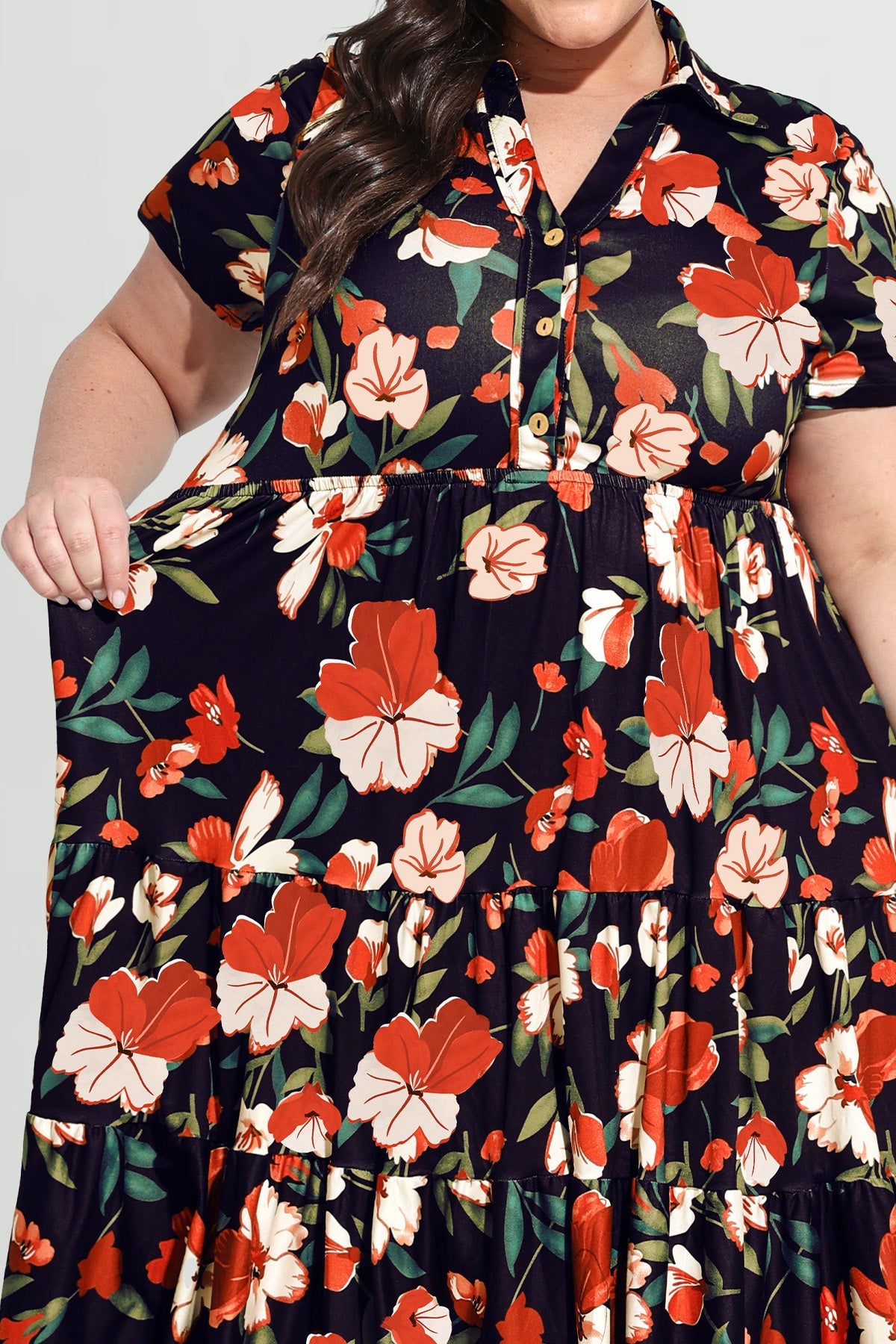 Pockets Elastic Floral Midi Shirt Dress