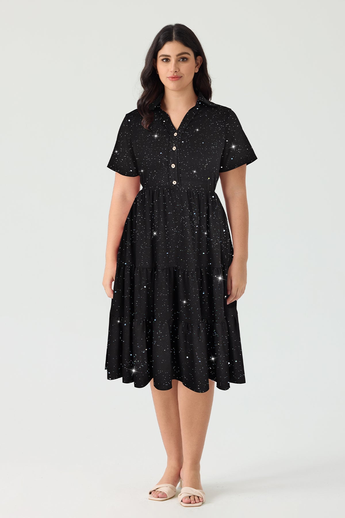 Pockets Elastic Floral Midi Shirt Dress