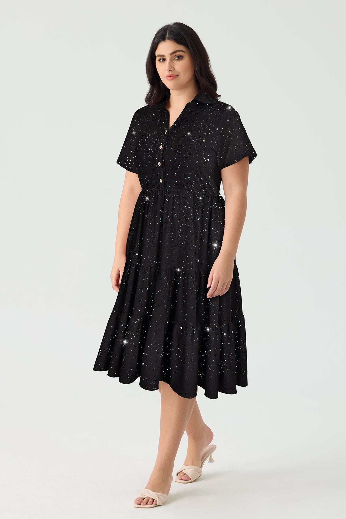 Ritera Pockets Vibrant Floral Polo Neck Tiered Midi Dress