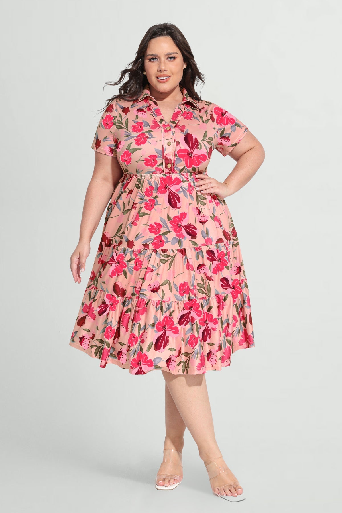 Pockets Elastic Floral Midi Shirt Dress