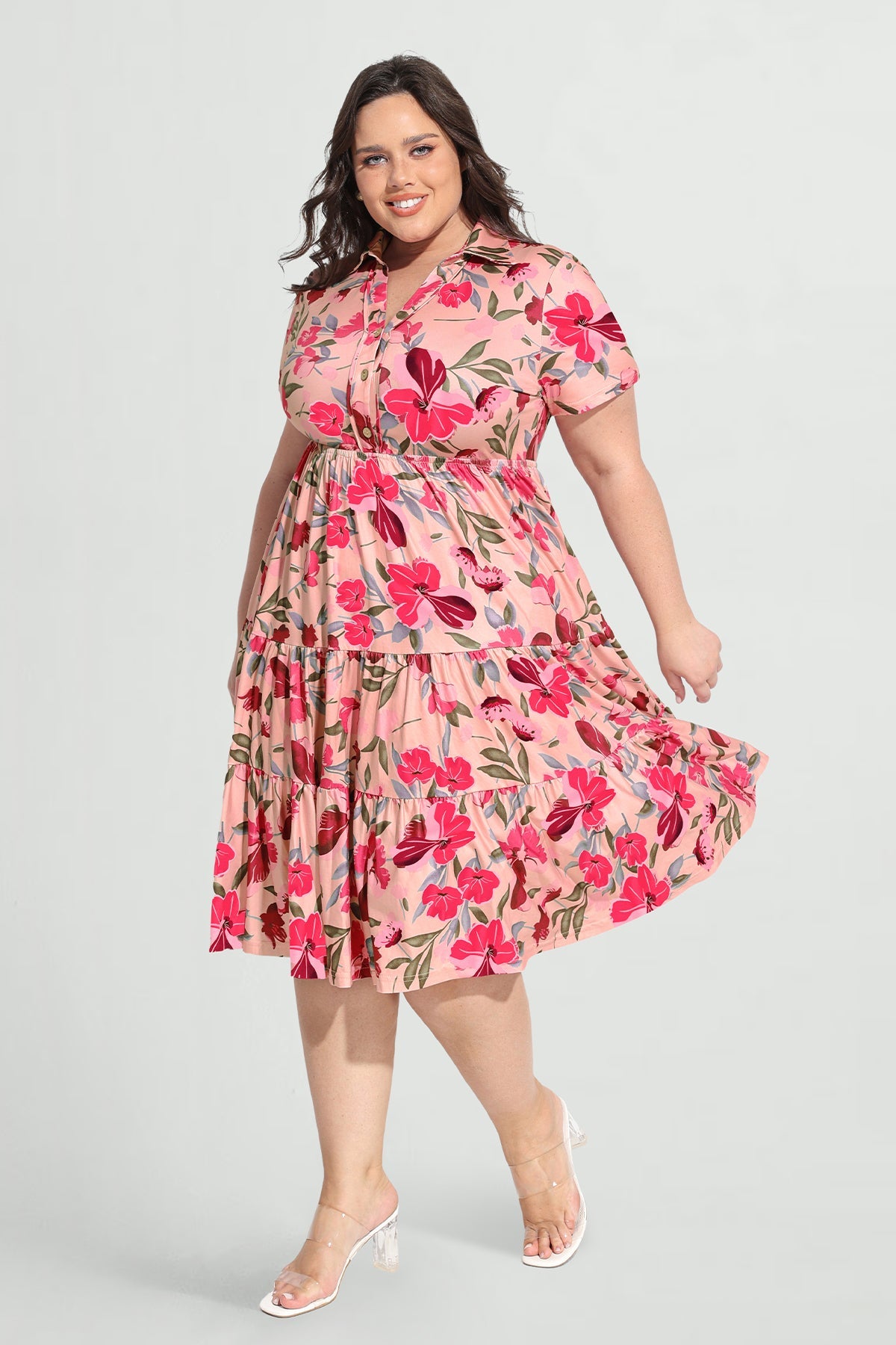 Pockets Elastic Floral Midi Shirt Dress