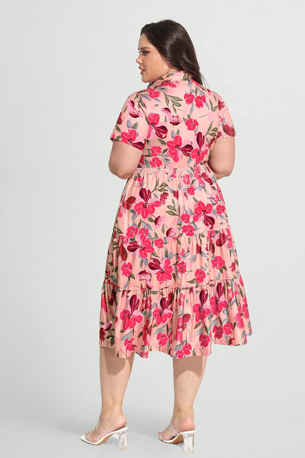 Pockets Elastic Floral Midi Shirt Dress