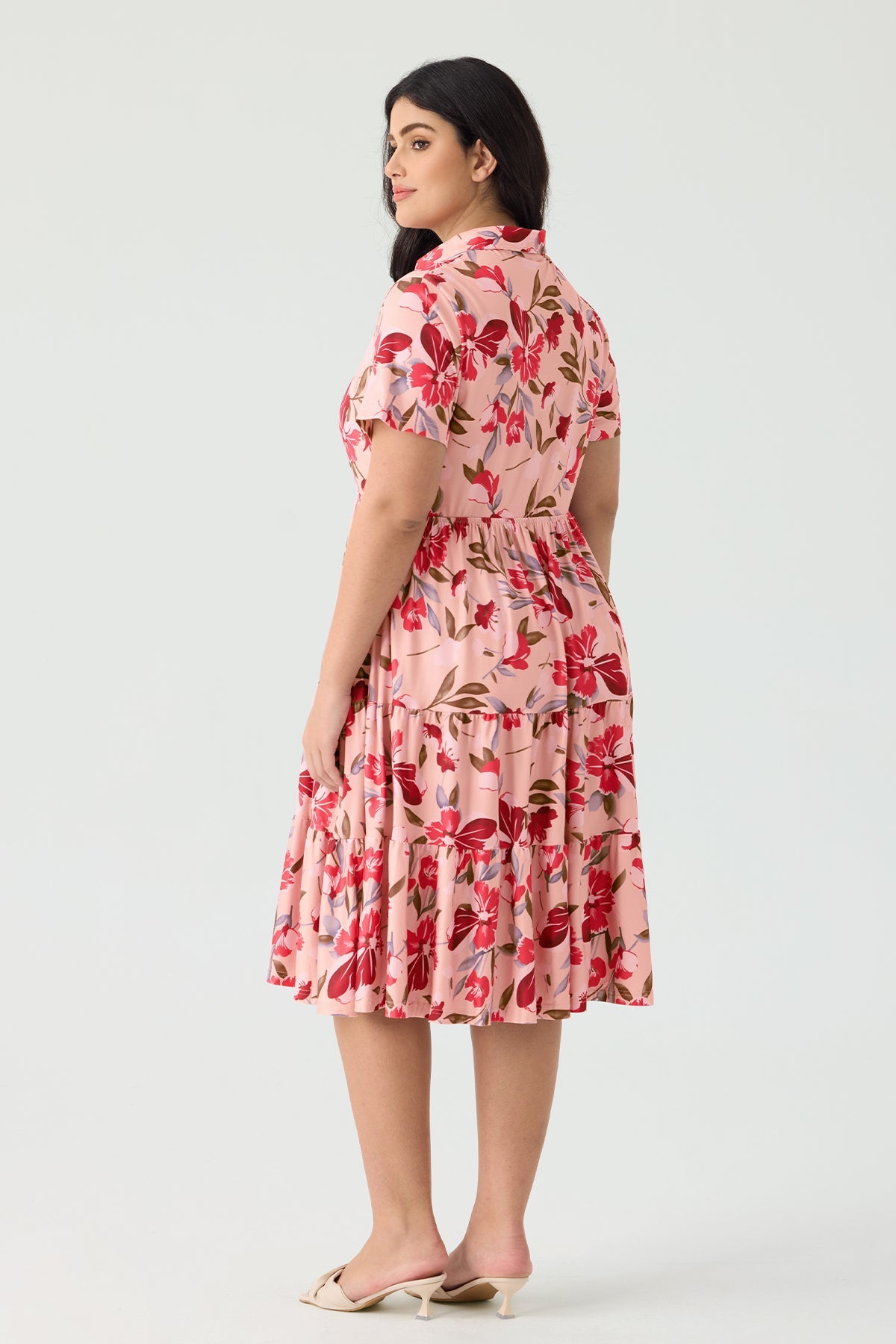 Ritera Pockets Tropical Floral Polo Neck Shirred Midi Dress