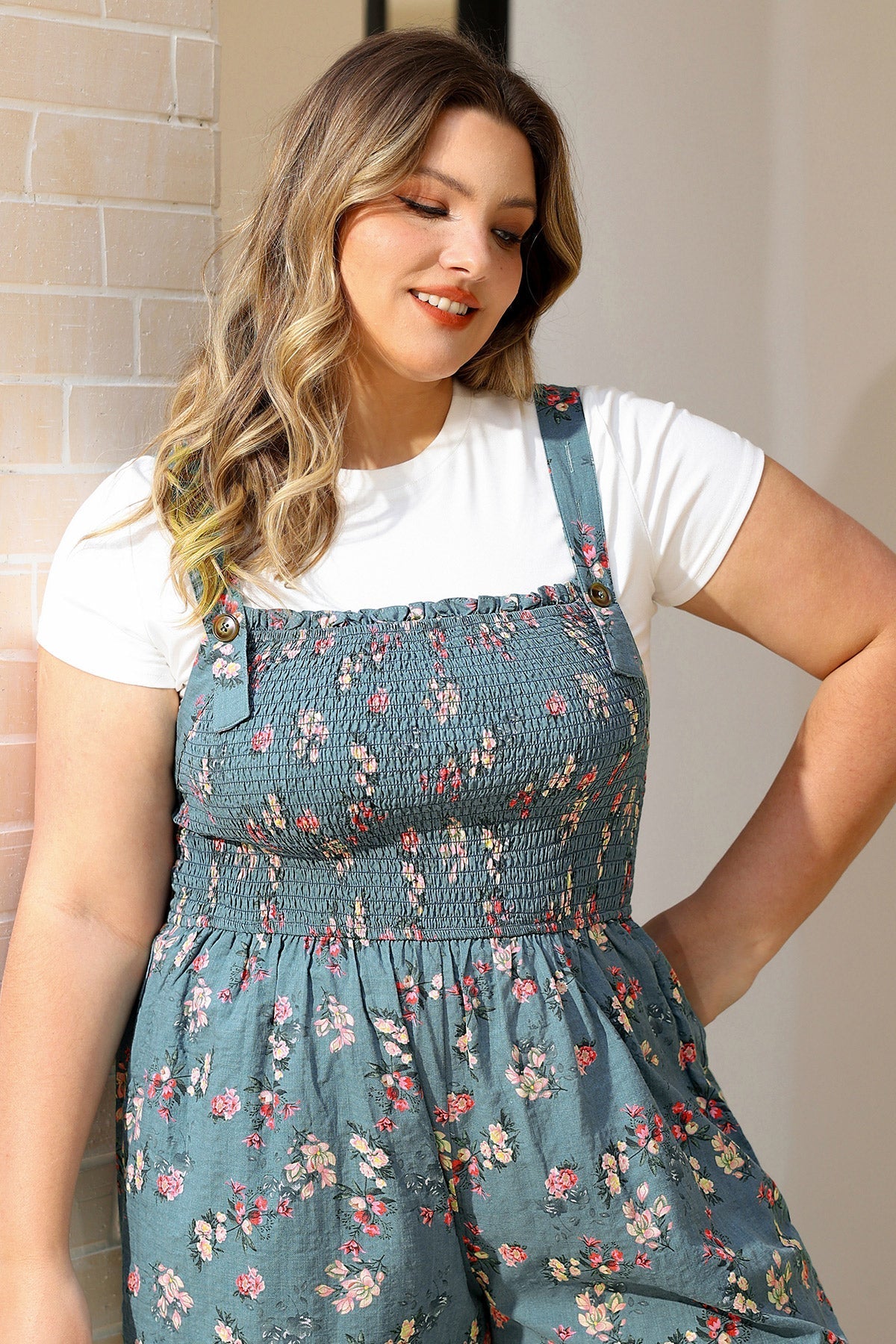 Ritera Pockets Floral Button Detail Strap Wide Leg Jumpsuits