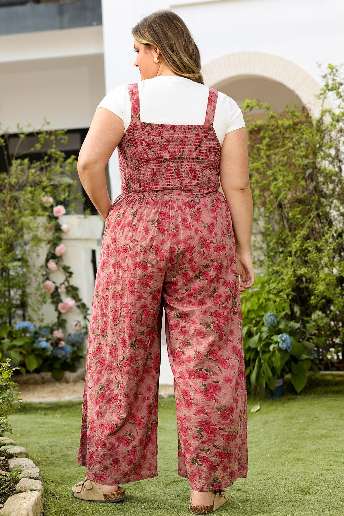 Ritera Pockets Floral Button Detail Strap Wide Leg Jumpsuits