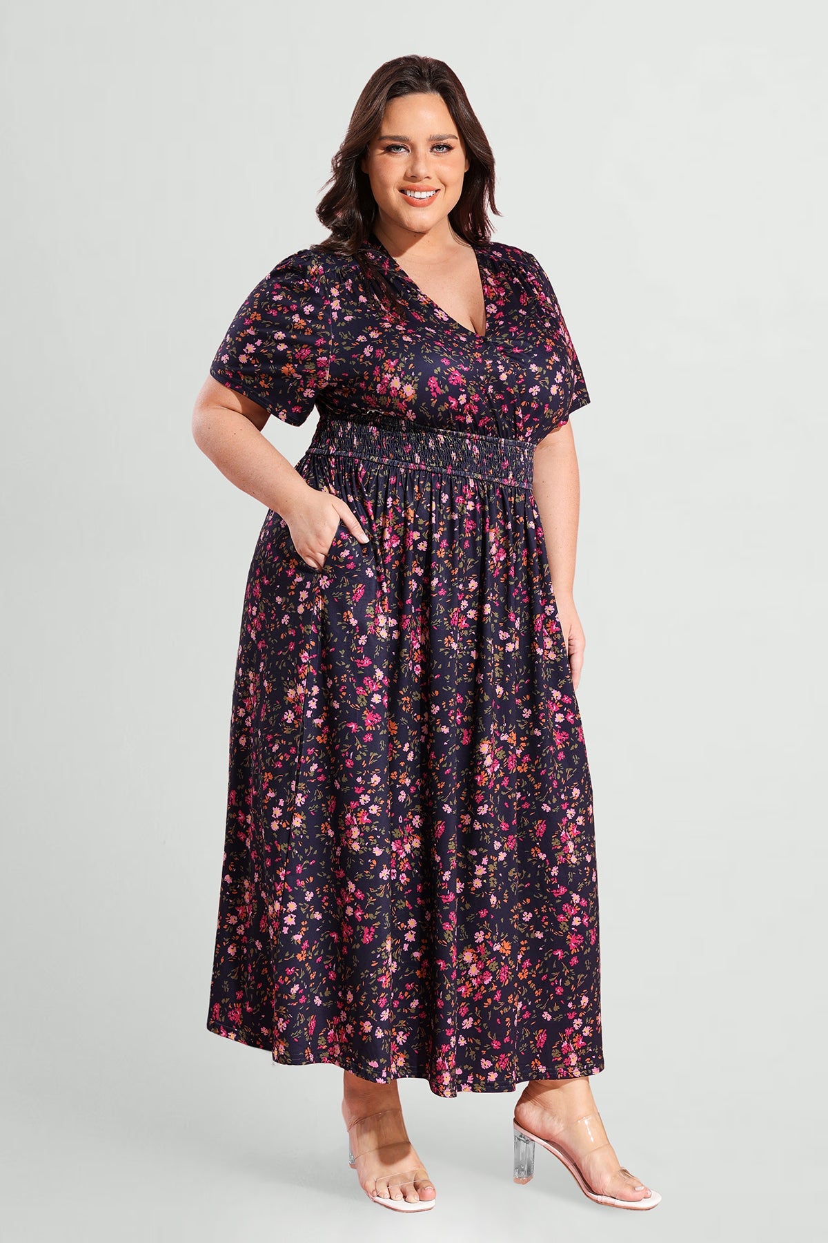 Ritera Pockets Smocked Waist Floral Print A-line Maxi Dress