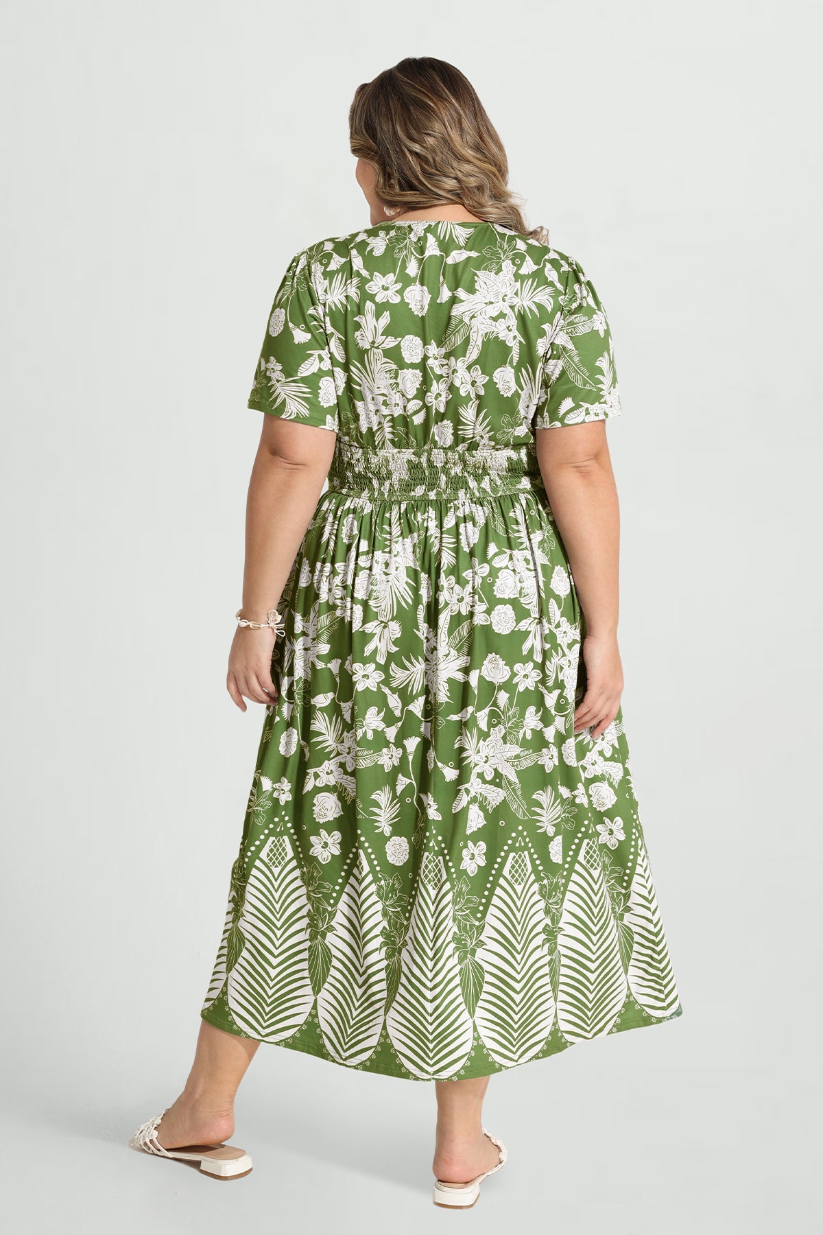 Geometric Print Smocked Waist V-Neck Midi Dress