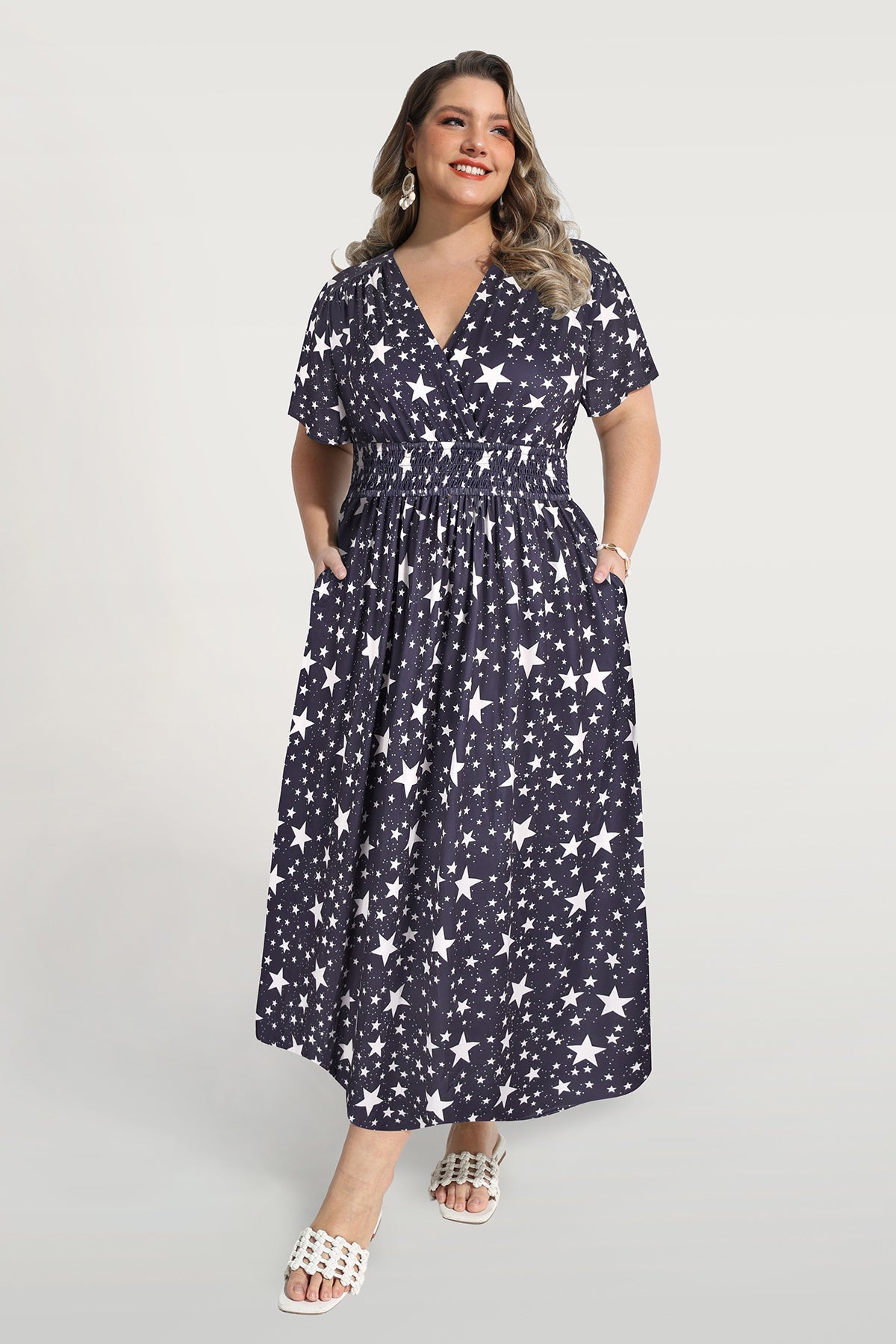 Geometric Print Smocked Waist V-Neck Midi Dress