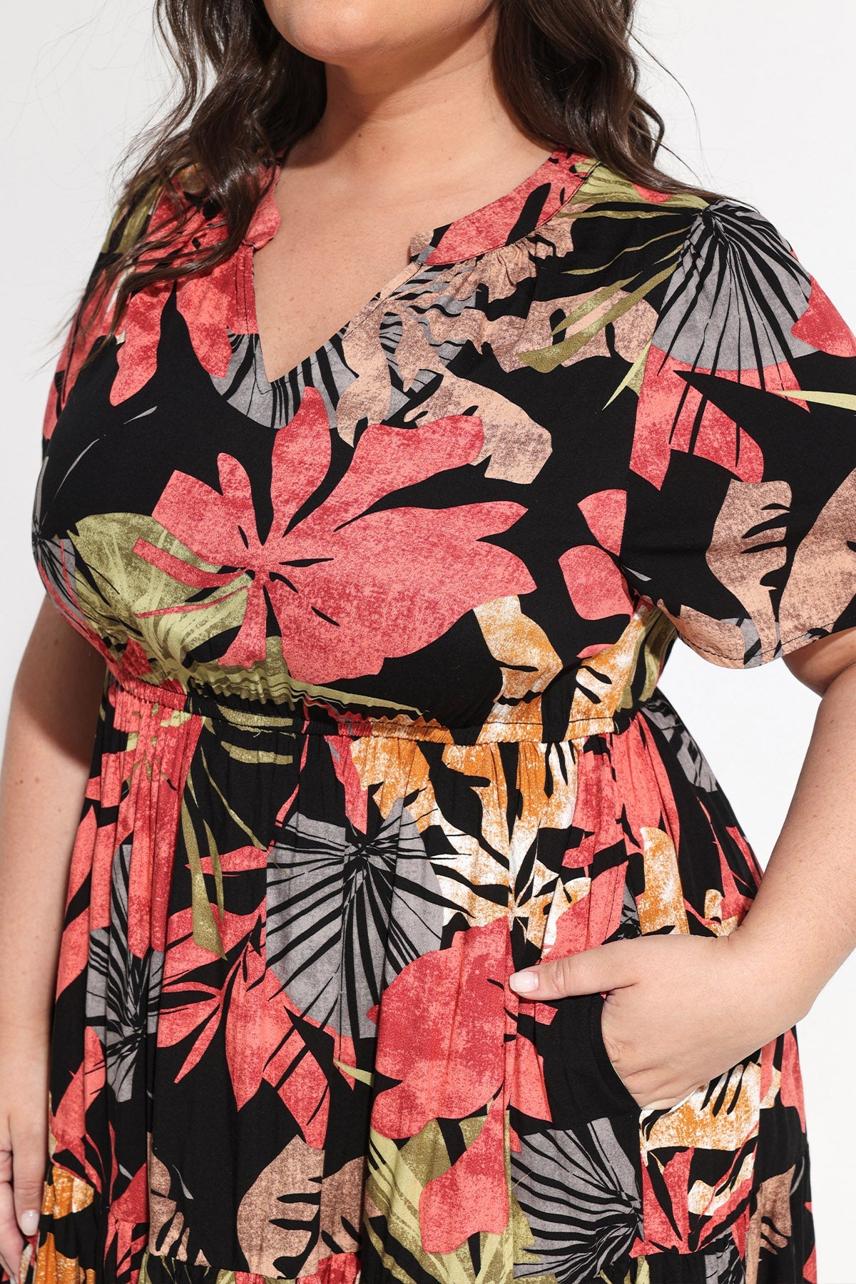 Ritera Pockets Notched V Neck Floral A-line Midi Dress