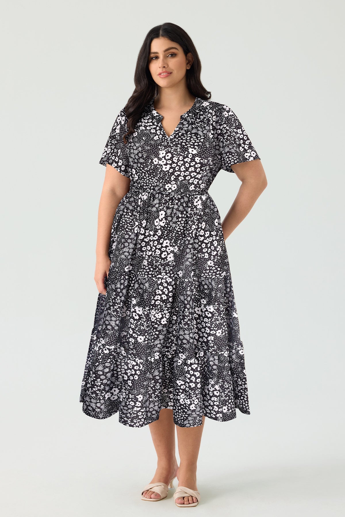 Pockets Elastic Boho Floral Midi Dress