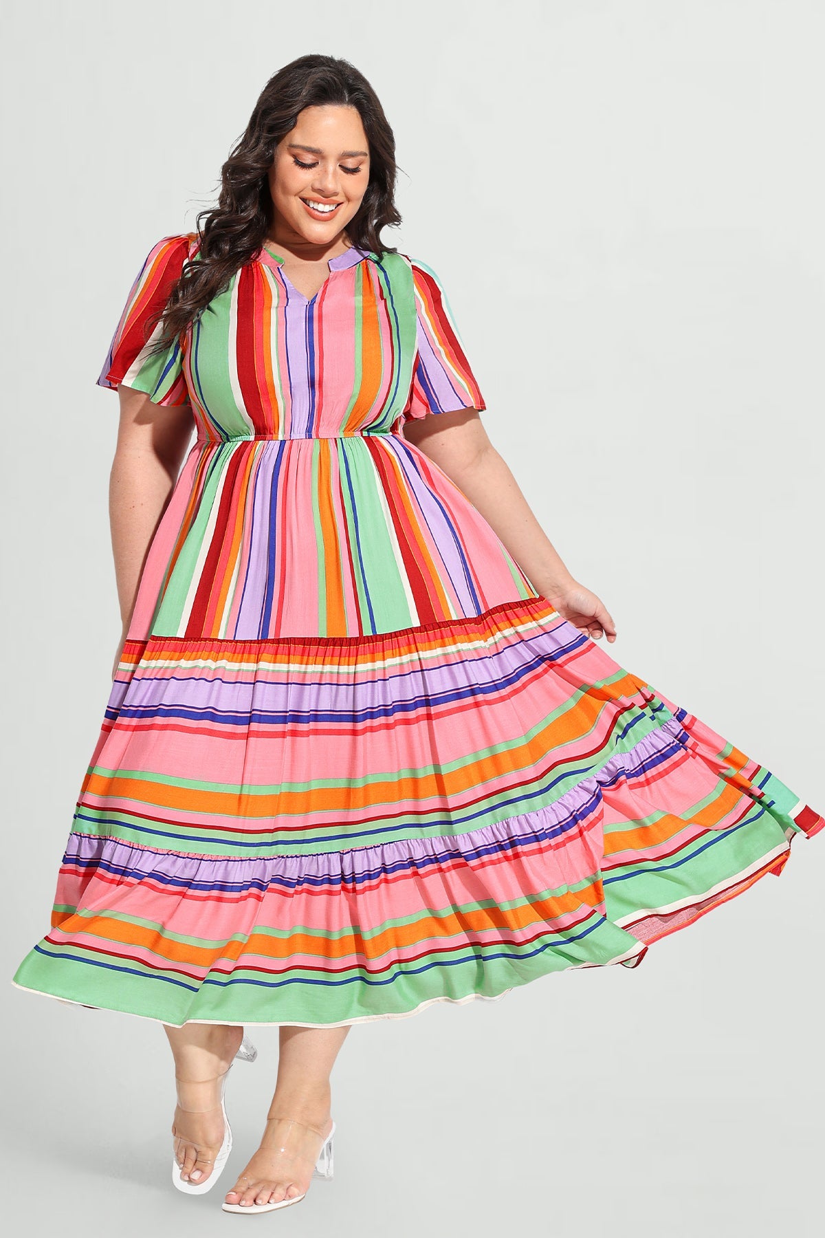 Pockets Elastic Striped Midi Dress