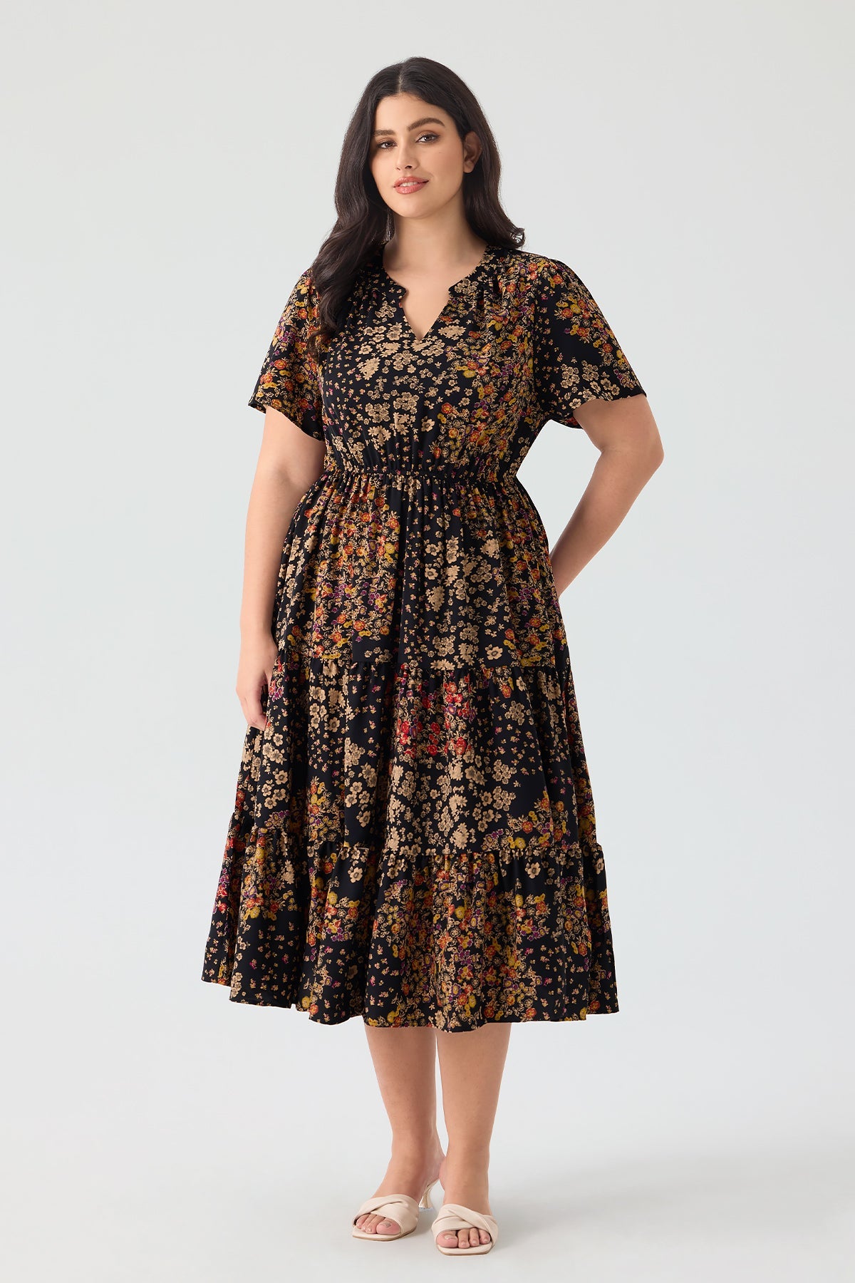 Pockets Elastic Floral Midi Dress