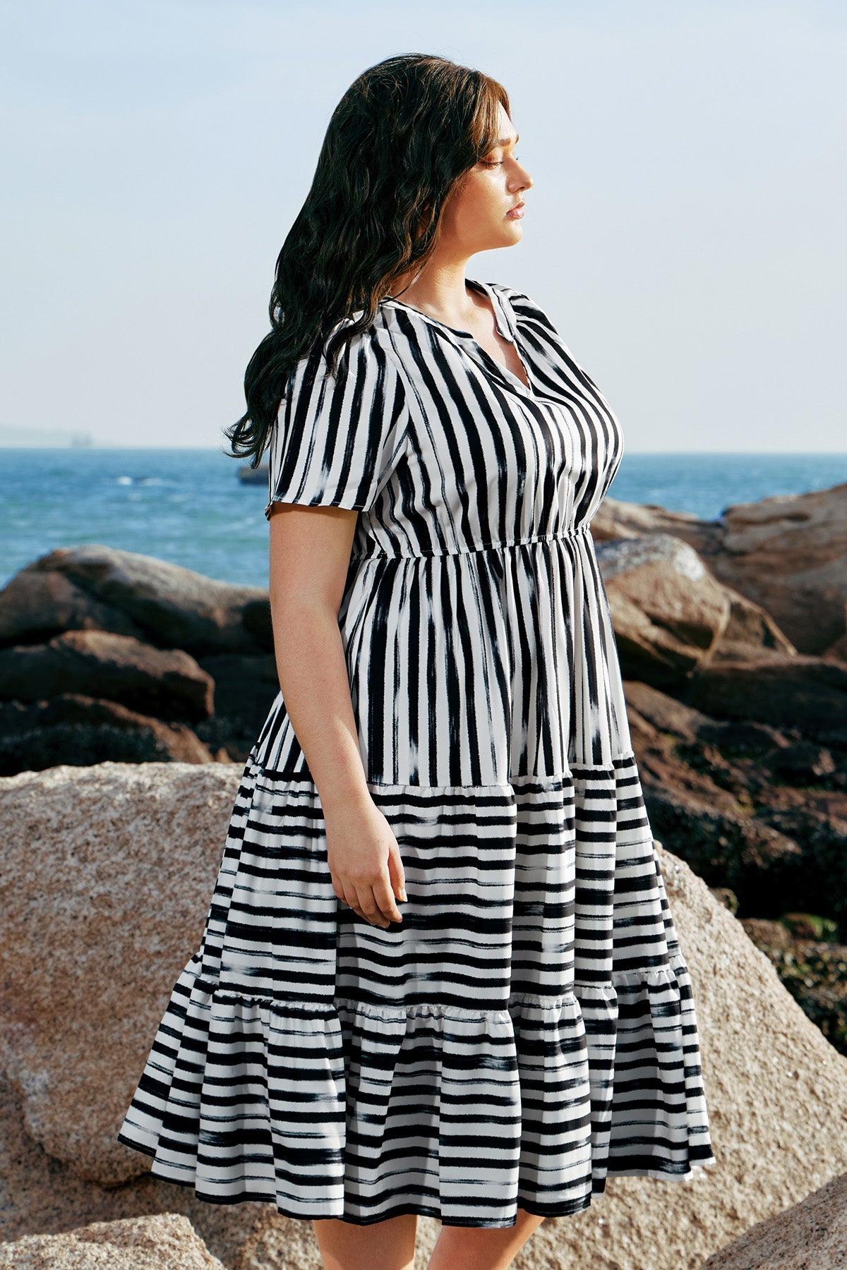 Pockets Elastic Striped Midi Dress