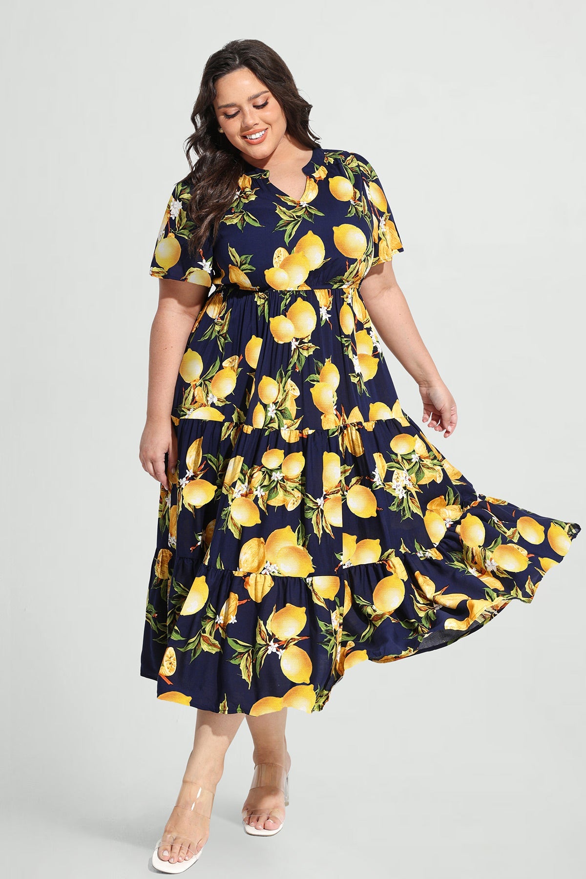 Ritera Pockets Tropical Lemon A-line Tiered Midi Dress
