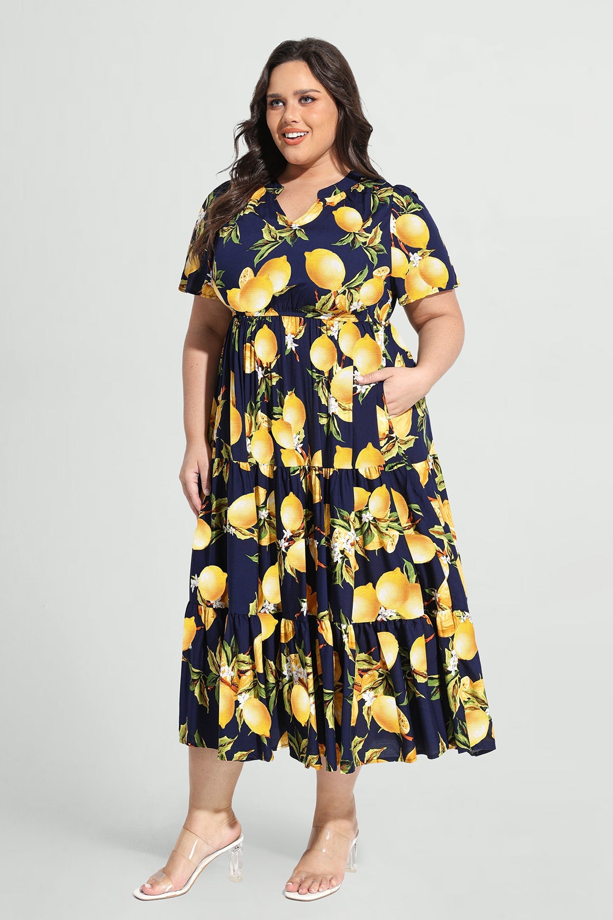 Ritera Pockets Tropical Lemon A-line Tiered Midi Dress