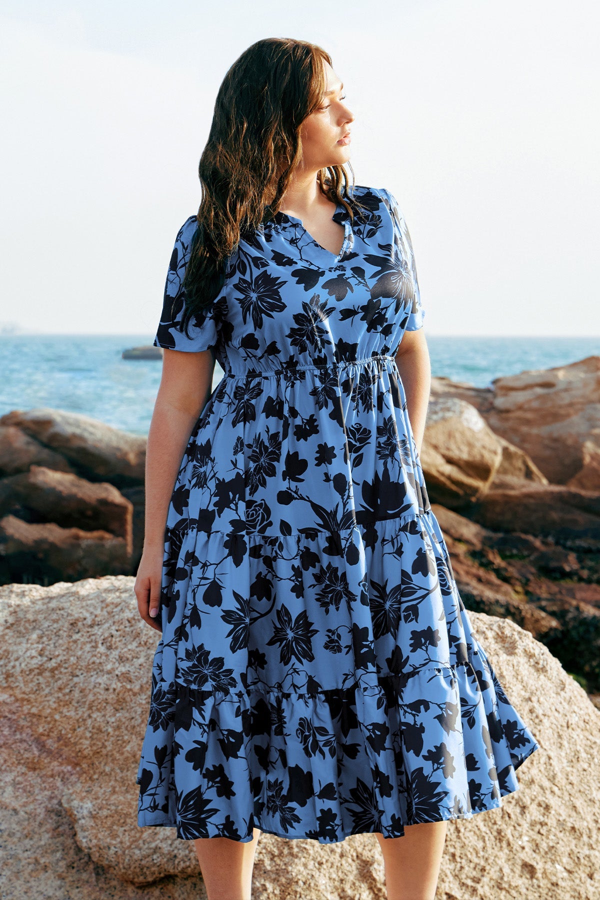 Pockets Elastic Floral Midi Dress