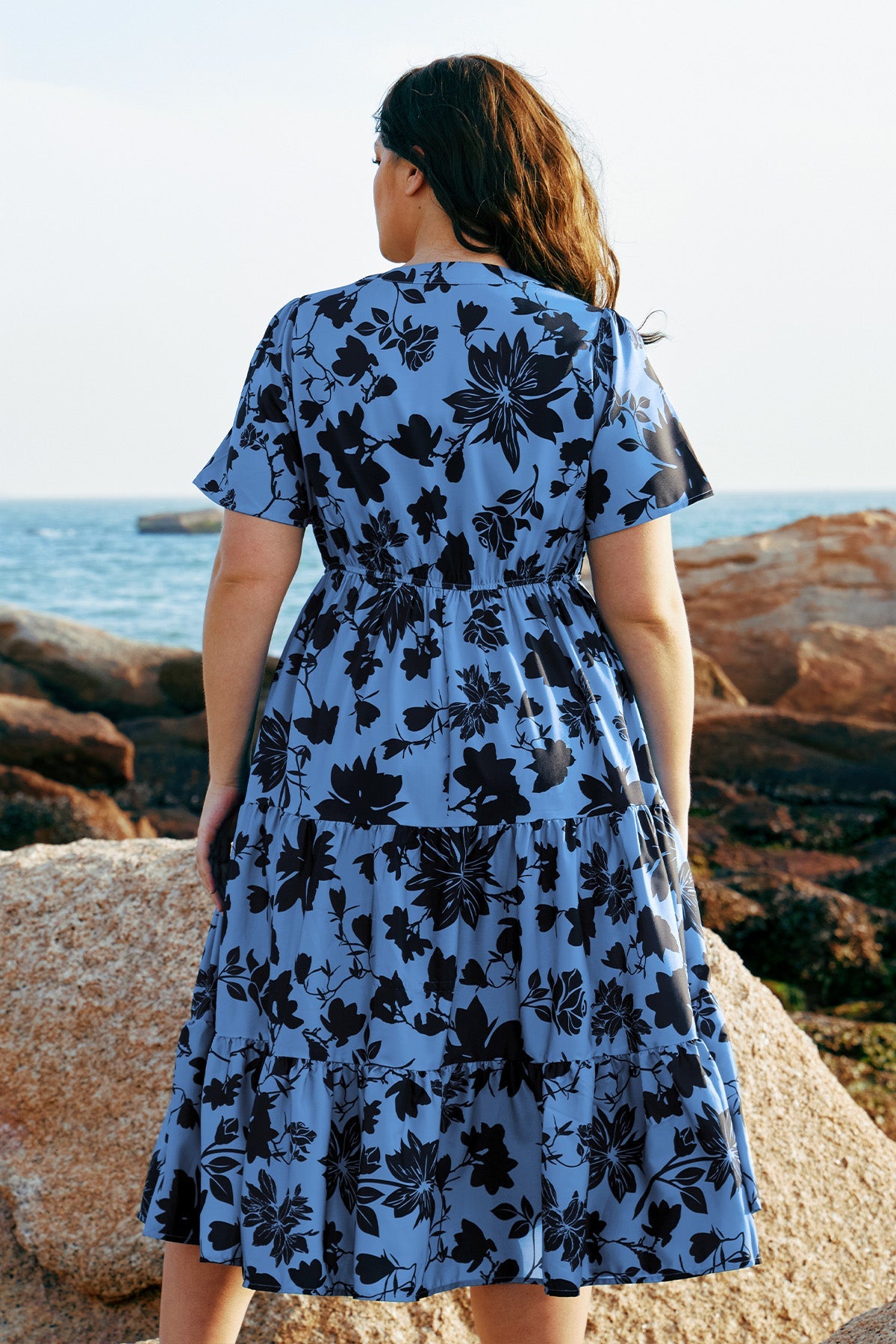 Pockets Elastic Boho Floral Midi Dress