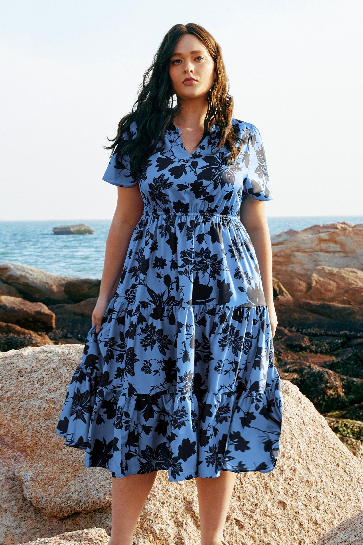 Pockets Elastic Striped Midi Dress