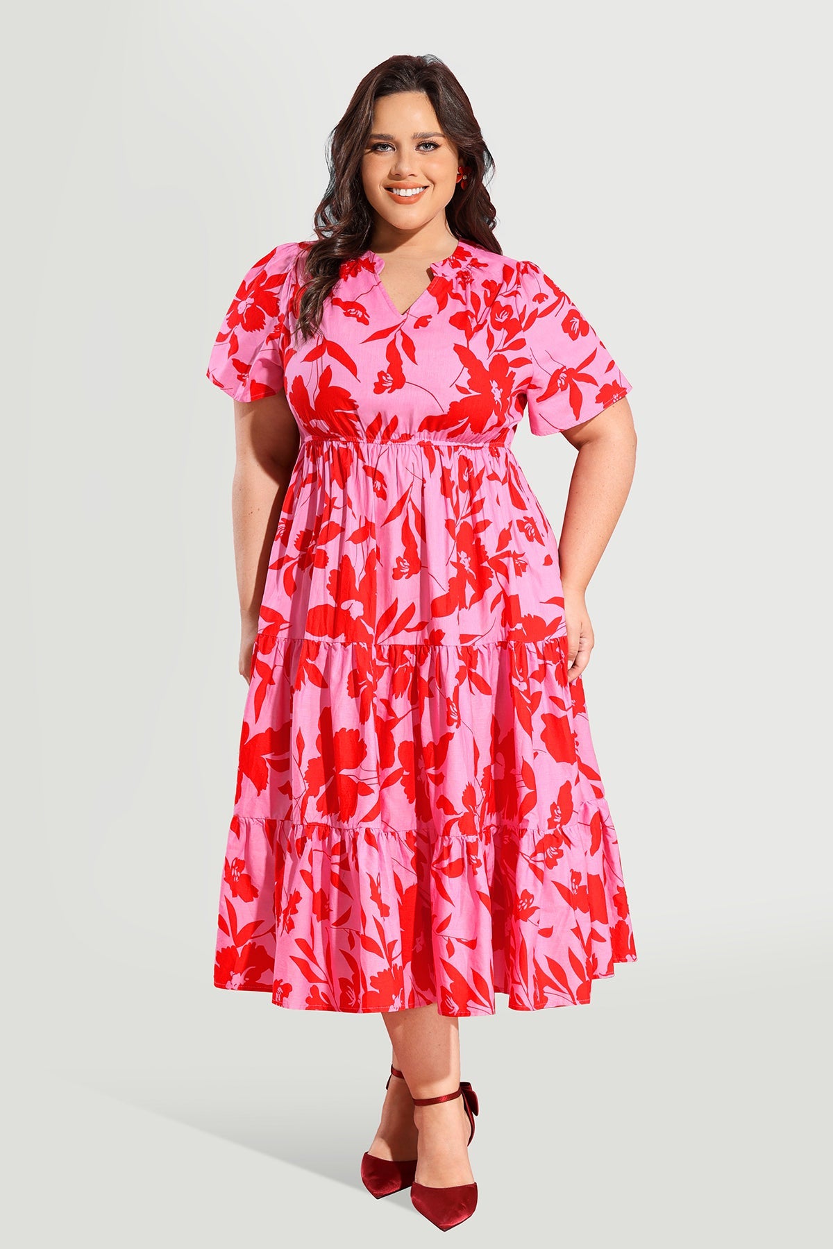 Ritera Pockets Notched V Neck Floral A-line Midi Dress