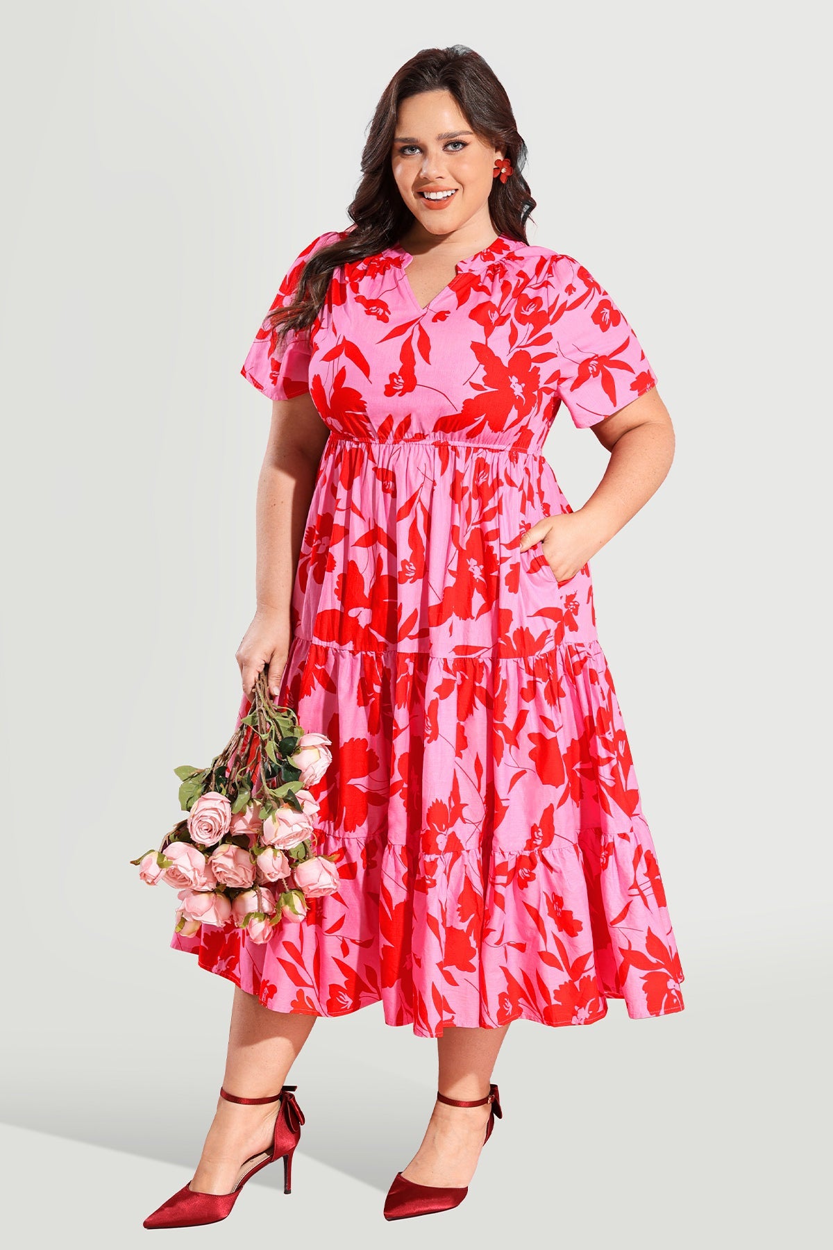 Pockets Elastic Boho Floral Midi Dress