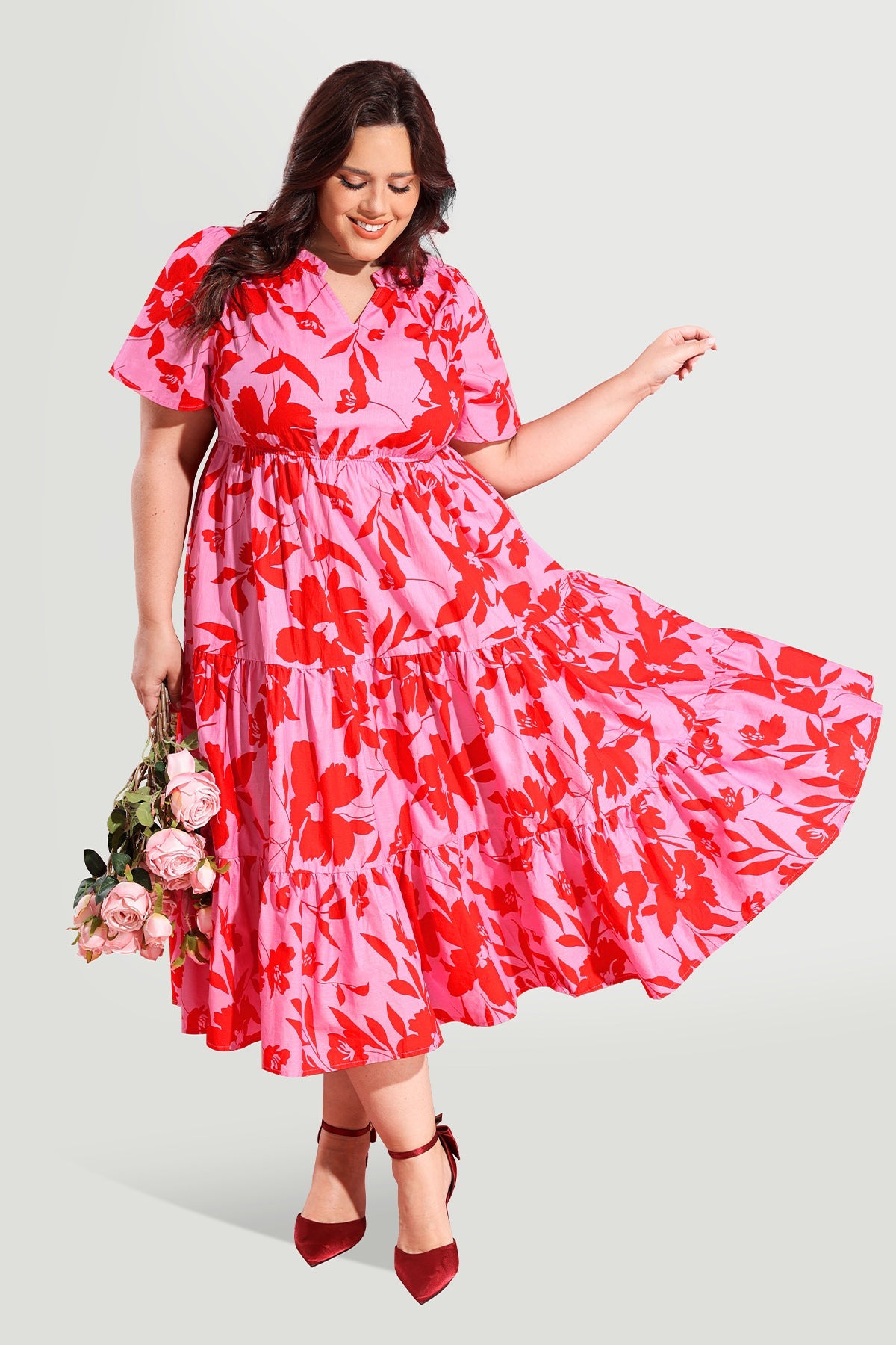 Ritera Pockets Notched V Neck Floral A-line Midi Dress