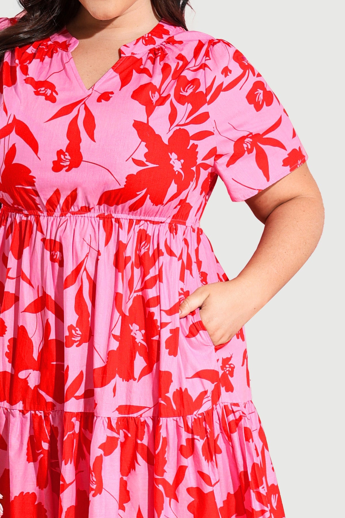 Ritera Pockets Notched V Neck Floral A-line Midi Dress