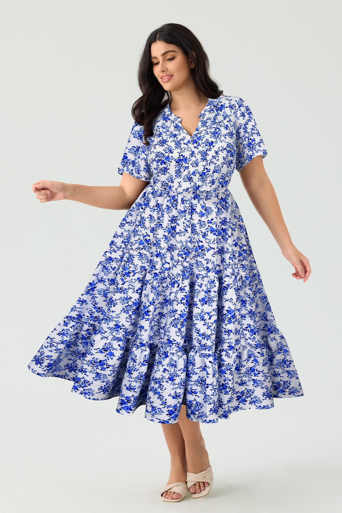 Pockets Elastic Floral Midi Dress