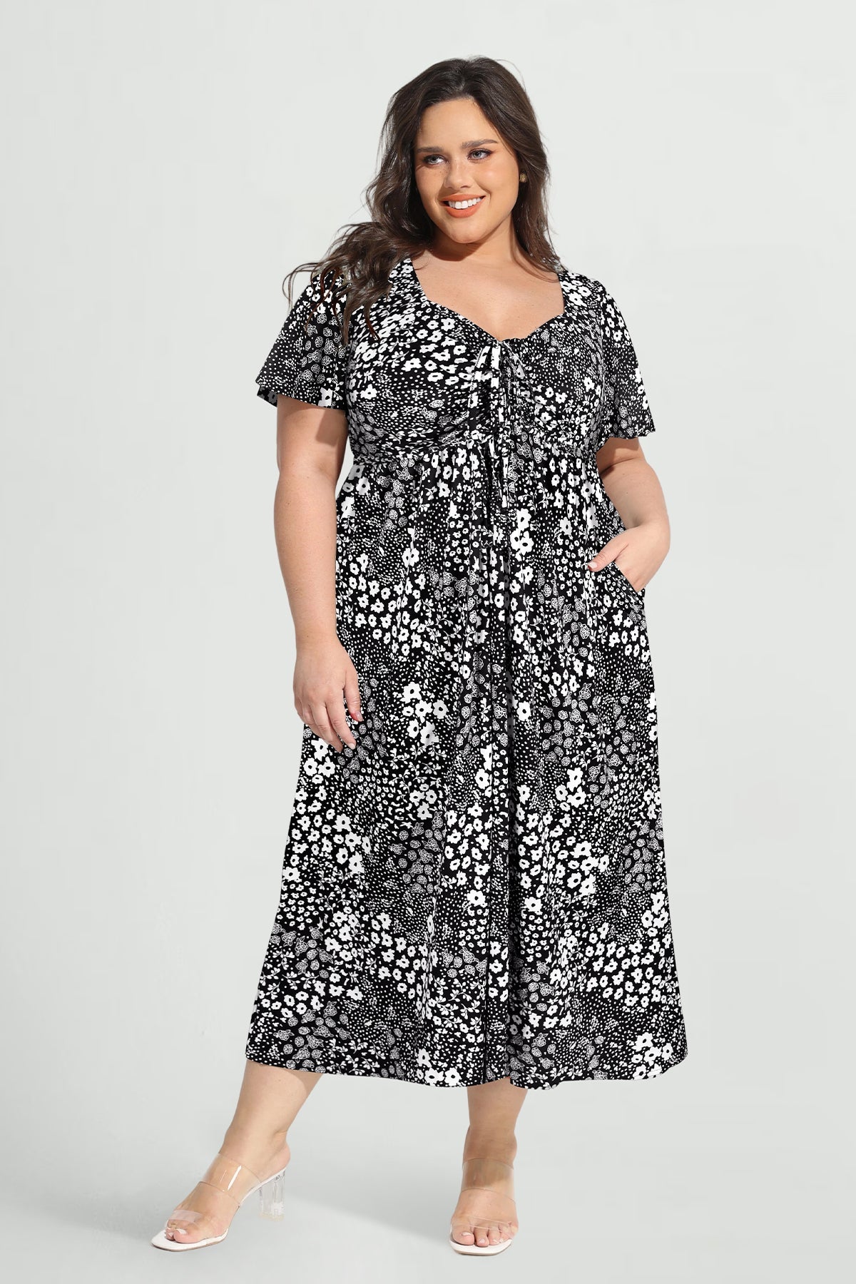Ritera Pockets Drawstring Sweetheart Floral A-line Midi Dress