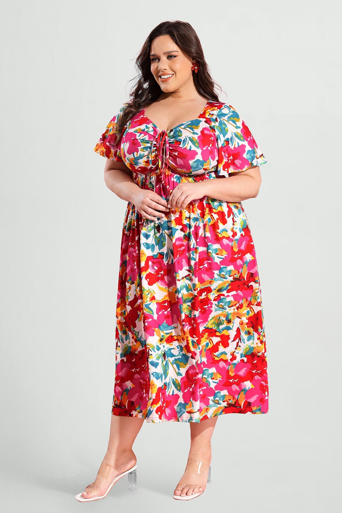 Ritera Pockets Drawstring Sweetheart Floral A-line Midi Dress