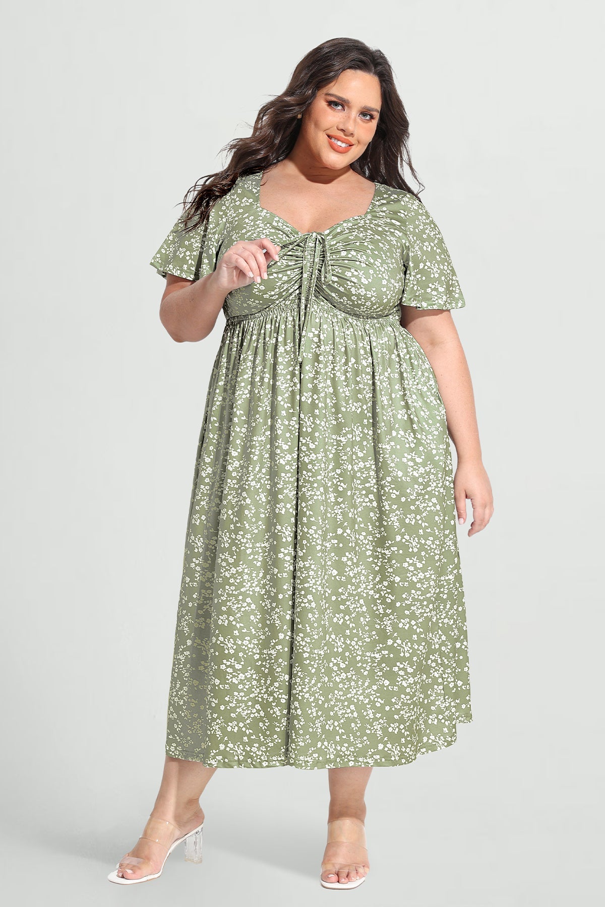 Ritera Pockets Drawstring Sweetheart Floral A-line Midi Dress
