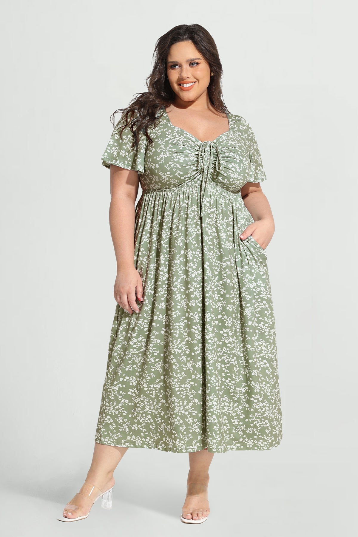 Ritera Pockets Drawstring Sweetheart Floral A-line Midi Dress
